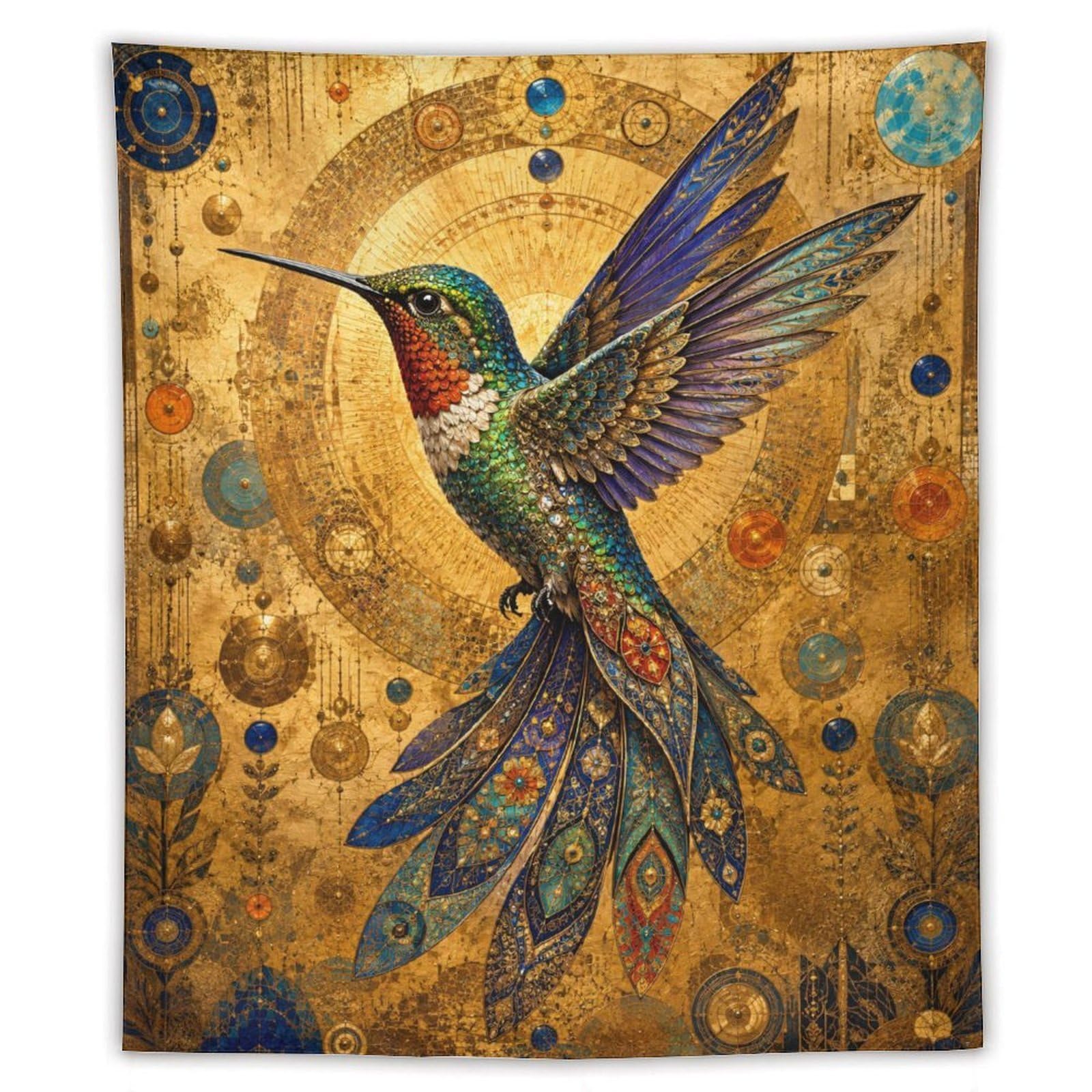 H3B8U2Y5 Golden Mosaic Hummingbird Wall Tapestry, Ceiling Hanging