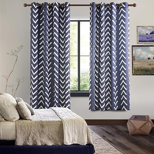 Miniatura 4 de Topfinel Cortinas de lino con patrón azul y blanco con ojales de 63 pulgadas de largo para dormitorio, cortinas bohemias modernas con patrón bohemio