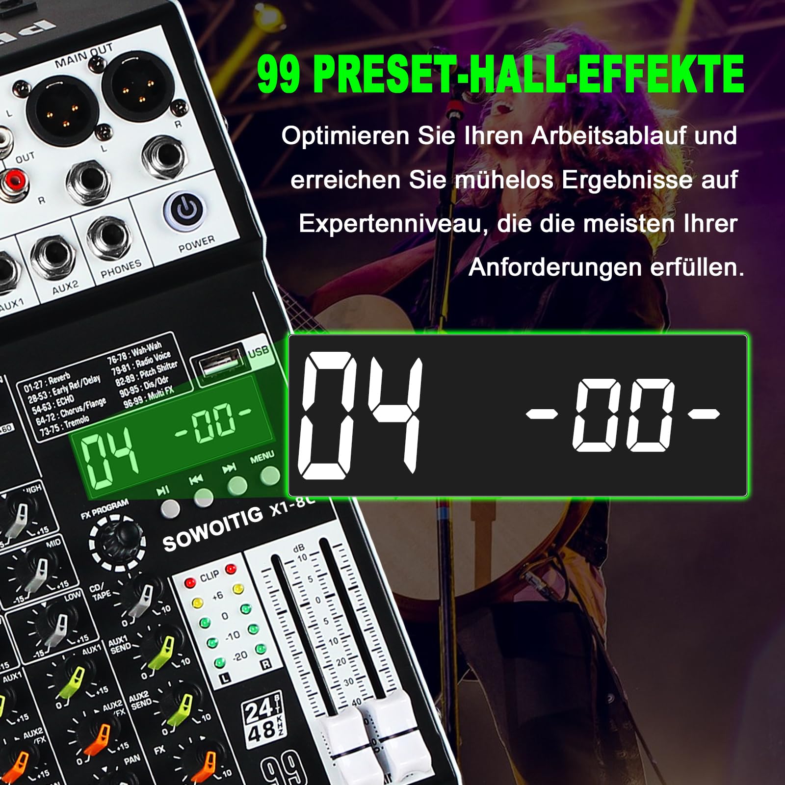 Console mixer audio a 8 canali con 99 effetti DSP, mixer digitale DJ mixer mixer professionale con USB, Bluetooth, alimentazione phantom da 48 V