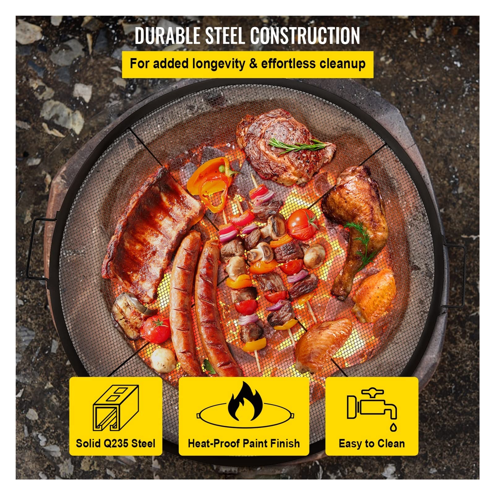 Round Fire Pit Rut, ruszt o średnicy 25 ", okrągłe i czarne stalowe kraty z uchwytami do ogniska Narzędzia do majsterkowania
