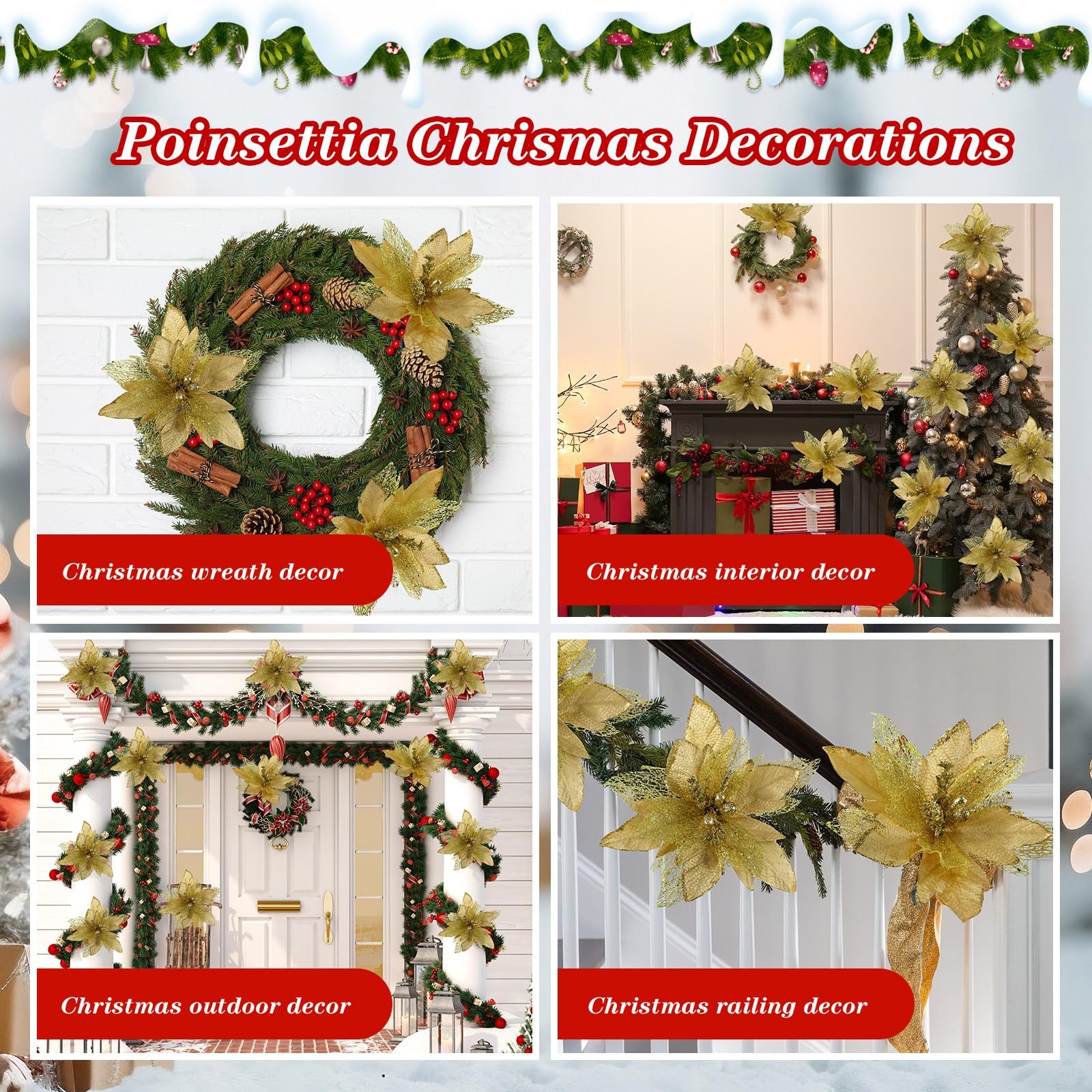 Riceshoot 8 piezas de flores artificiales de Pascua de Navidad, decoraciones de árbol de Navidad de tela decorada con purpurina con clips y tallos para corona de Navidad, adornos de fiesta de boda