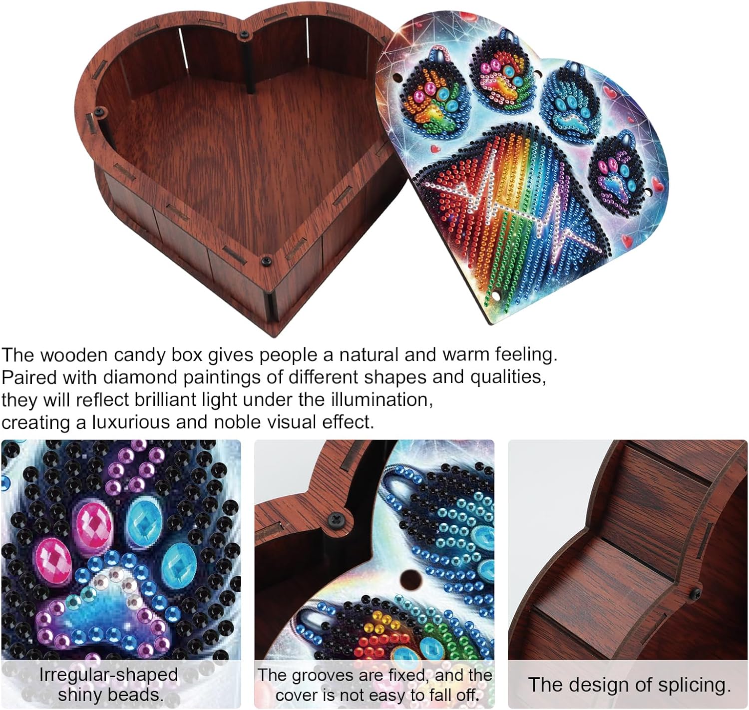 DIY Diamond Painting Storage Box Kit, Heart-Shaped Wooden Special Shaped Diamond Art Organizer for Small Accessories or Jewelry, Decorative Gift Case for Desktop Display (Rainbow Paw) image 4
