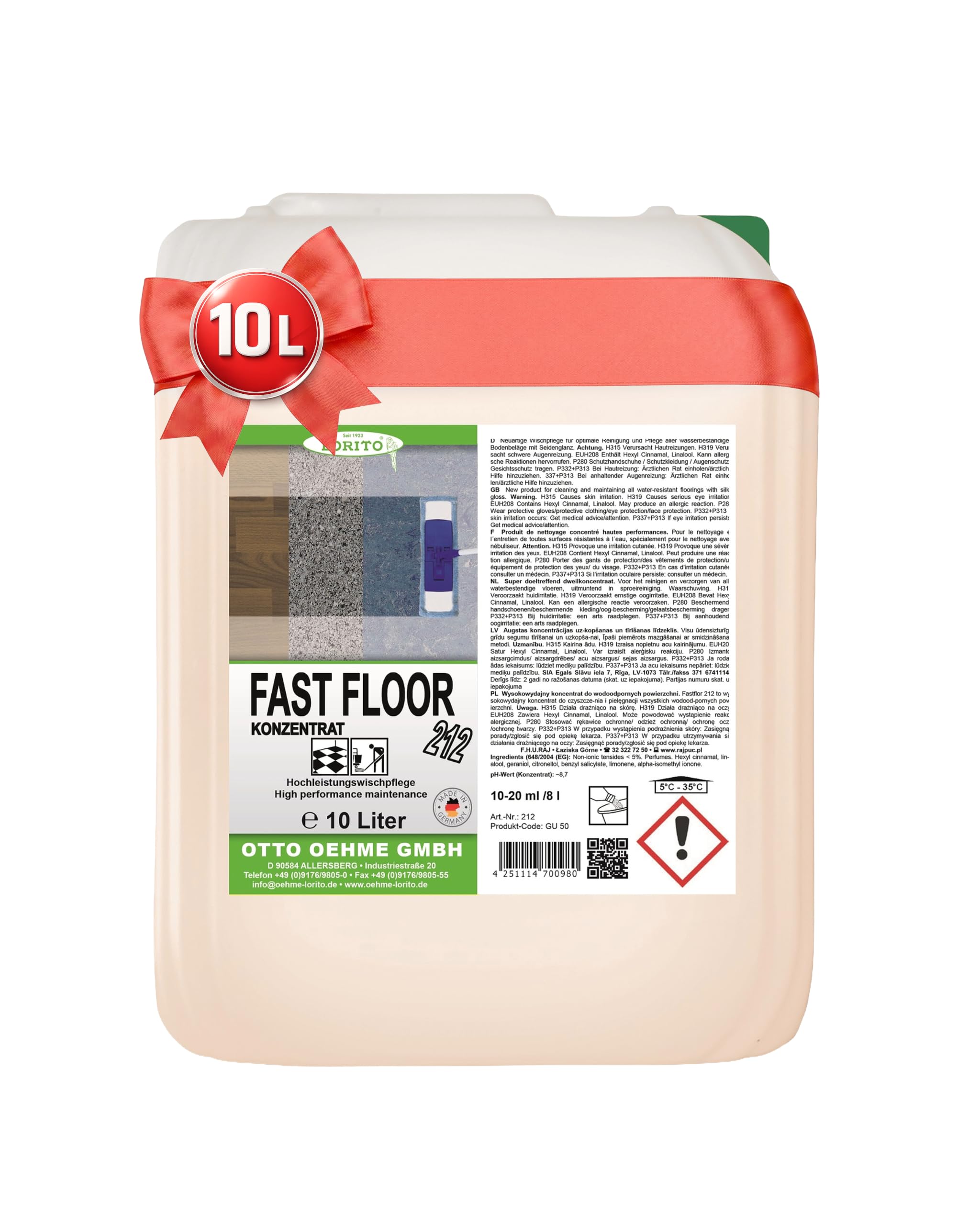 Lorito Fastfloor Wischpflege 10 L Bodenreiniger flüssig | Schnelltrocknende Wischpflege für alle Hartböden, streifenfreier Seidenglanz, antistatisch gegen Neuverschmutzung
