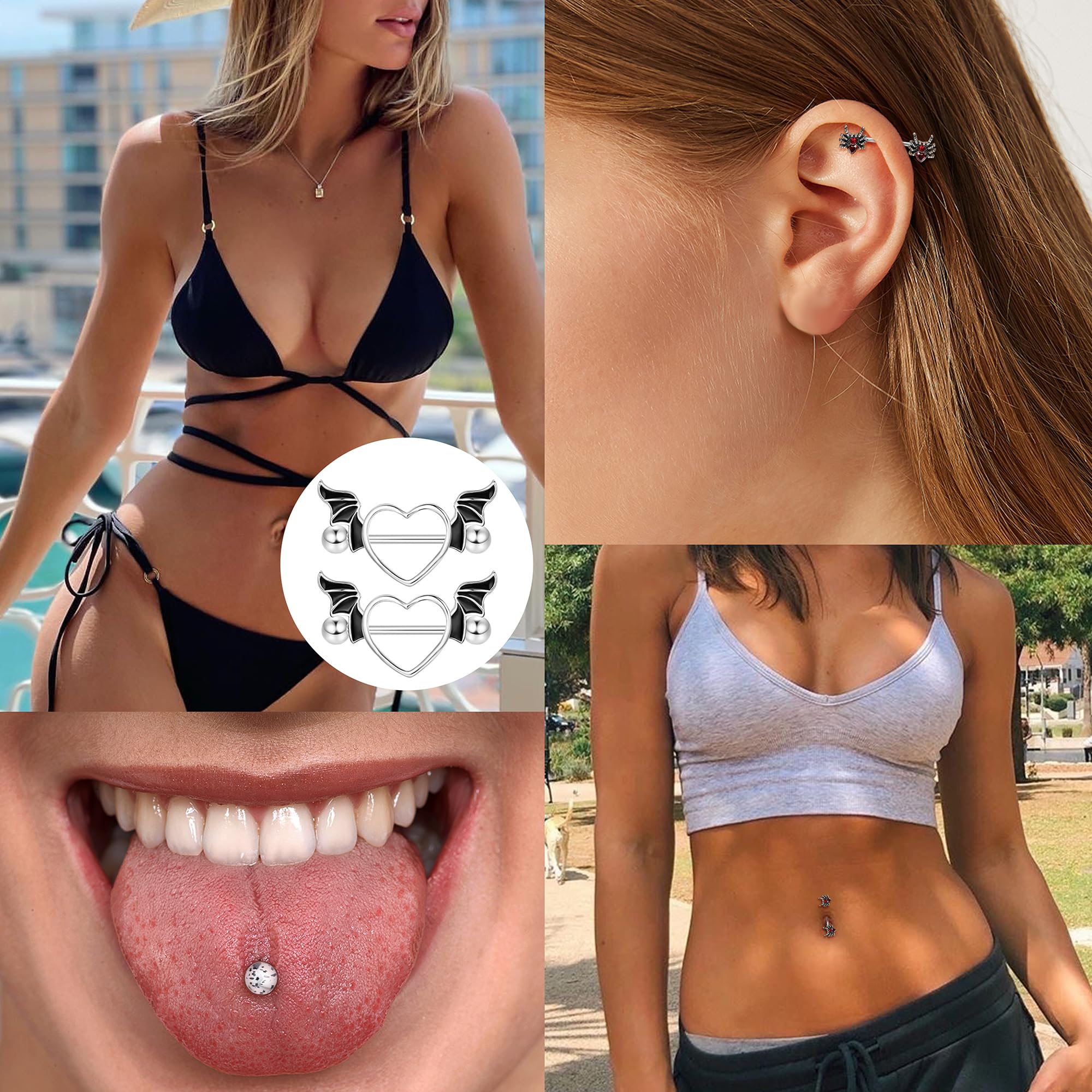 Fansilver 7 Pairs 14G Nipple Rings Surgical Steel Nipple Piercing CZ Heart Butterfly Barbell Tongue Rings Set Cute Nipple Tongue Piercing Jewelry for Women: D. Black Nipple Rings Set