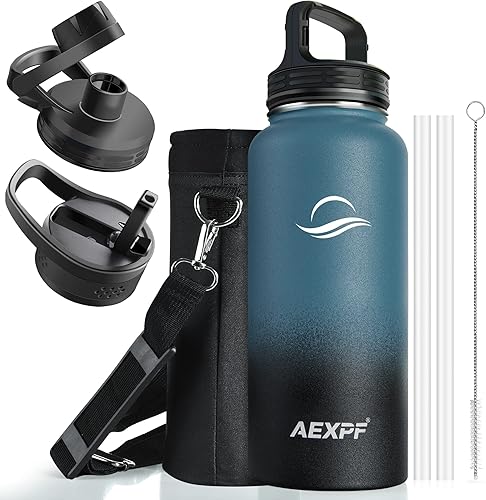 AEXPF Botella de agua aislada de 40 onzas para mujer botella de agua deportiva de metal de doble pared con popote reutilizable boca ancha taza de