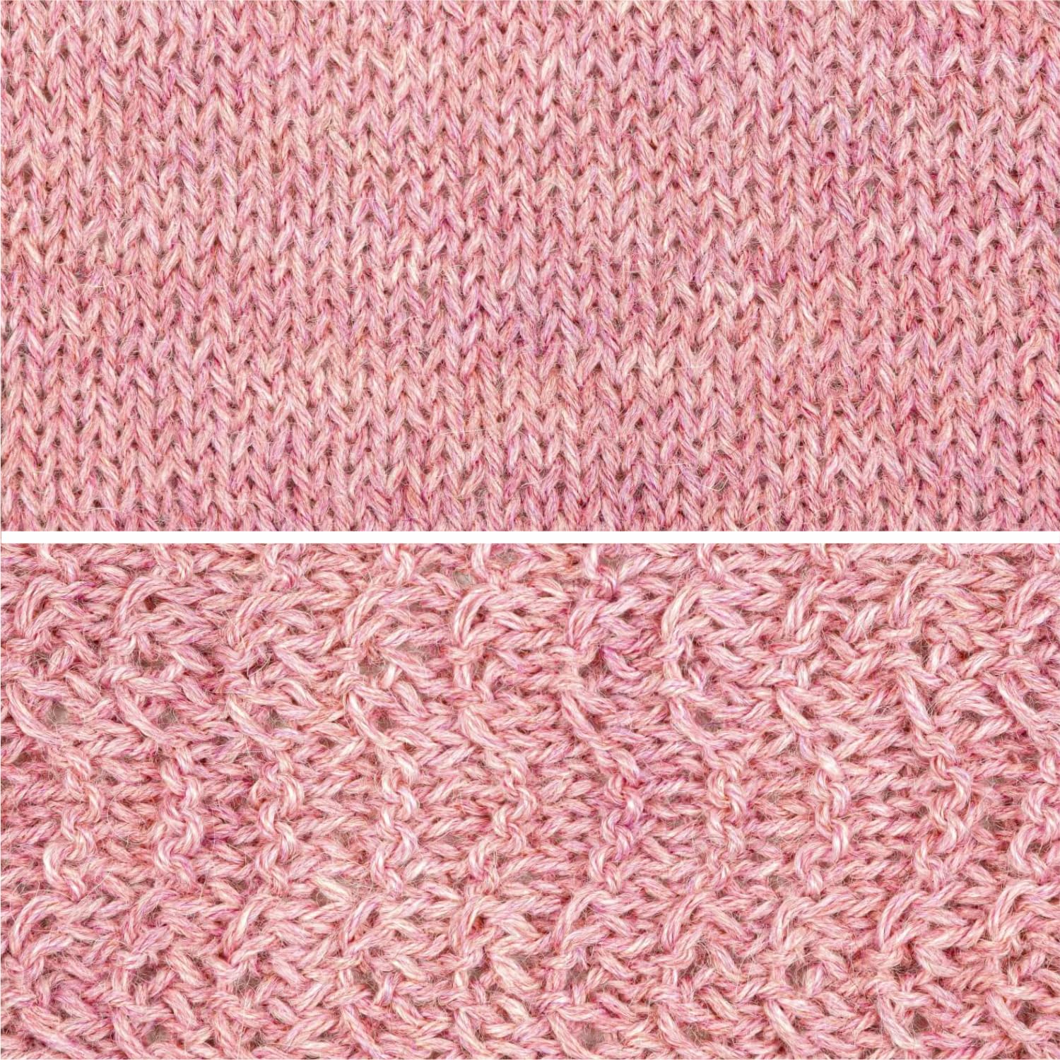 Nahaufnahme der 'Perlrosa Heather'-Farbe mit ihrem subtilen Melange-Effekt, die die feine Textur der Baby Alpakafasern zeigt.