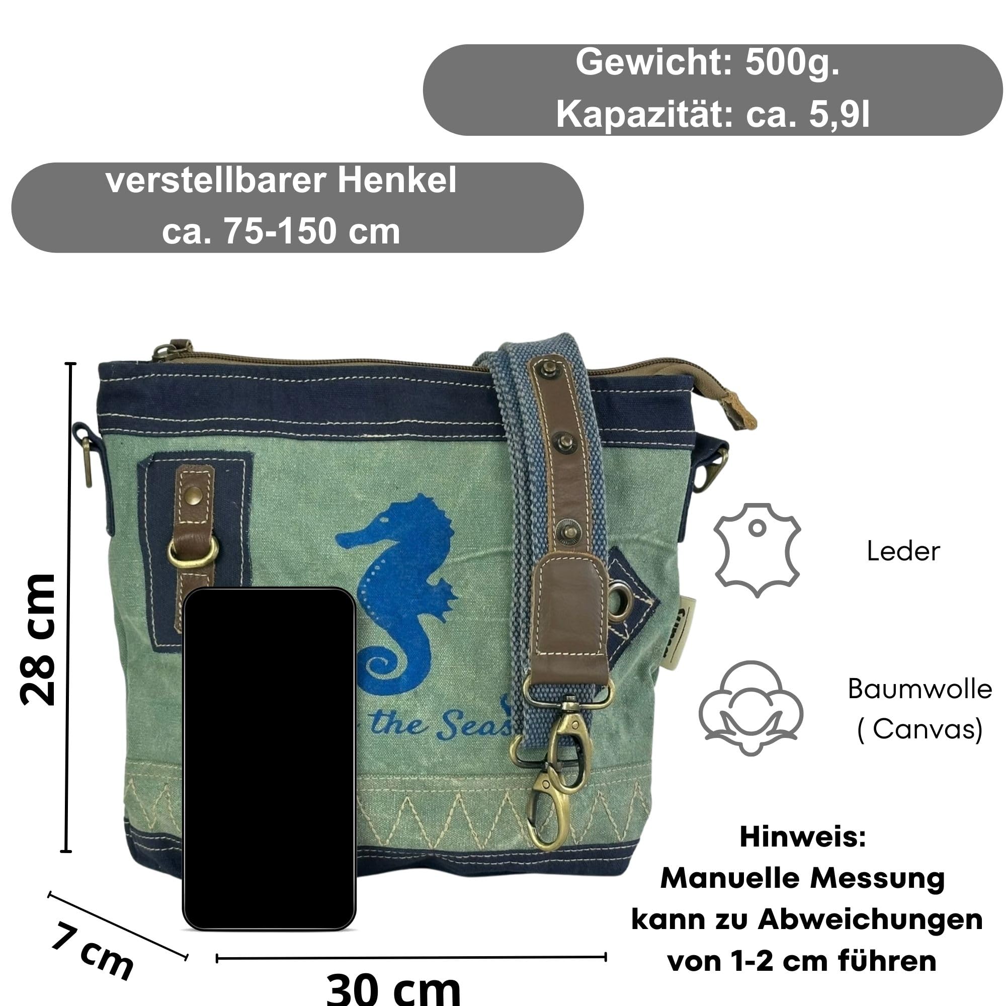 Sunsa Damen Maritim Umhängetasche. Crossover Bag aus Canvas & Leder. Kleine Vintage Stil Tasche als praktische Geschenkidee für Frauen/Mädchen. Damentaschen mit Seepferd Aufdruck