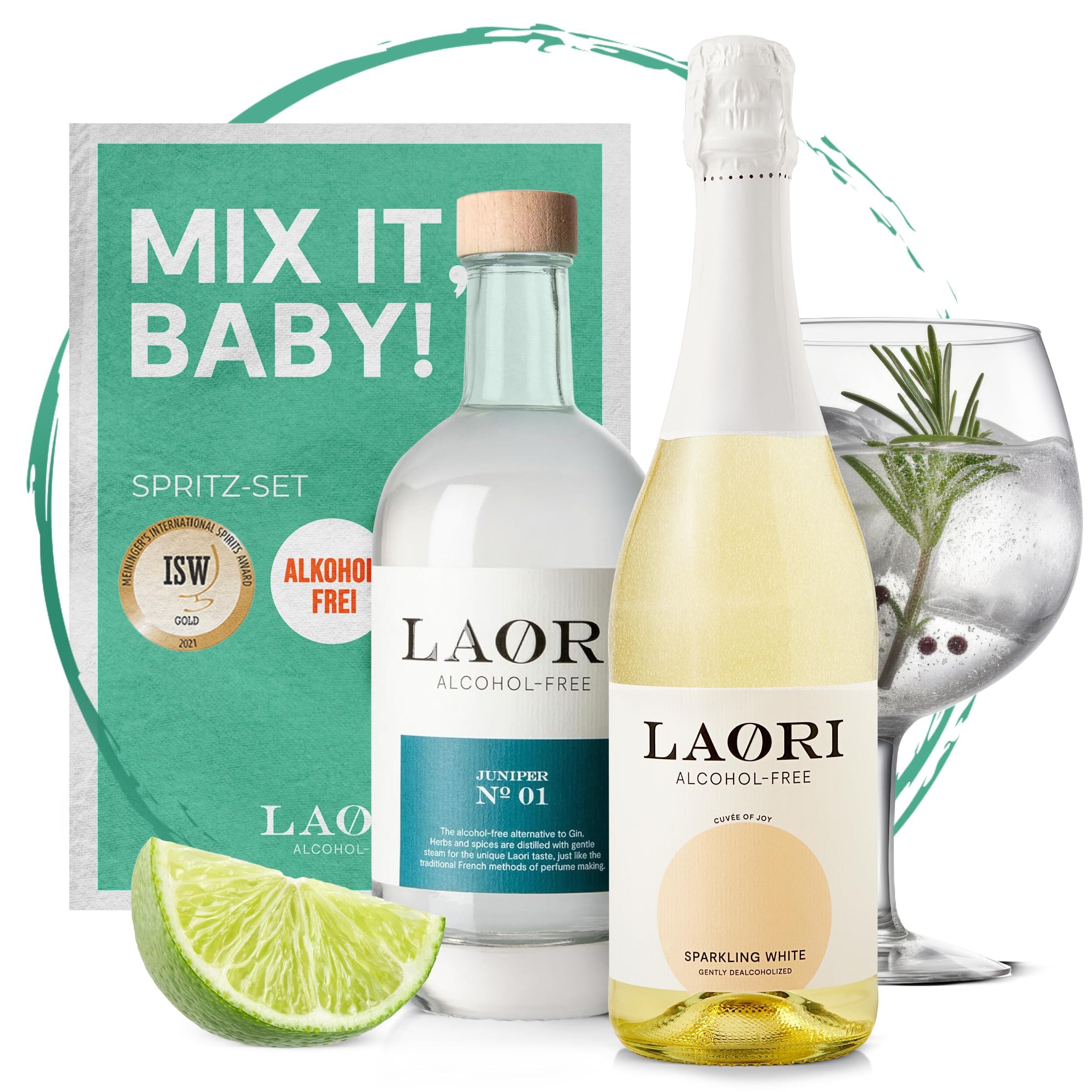 Laori Bundle alkoholfrei | 750 ml Sparkling White (Alkoholfreier Sekt) | 500 ml Juniper No 1 (Alkoholfreie Gin-Alternative) | Perfekt für alkoholfreie Cocktails | Vegan & kalorienarm