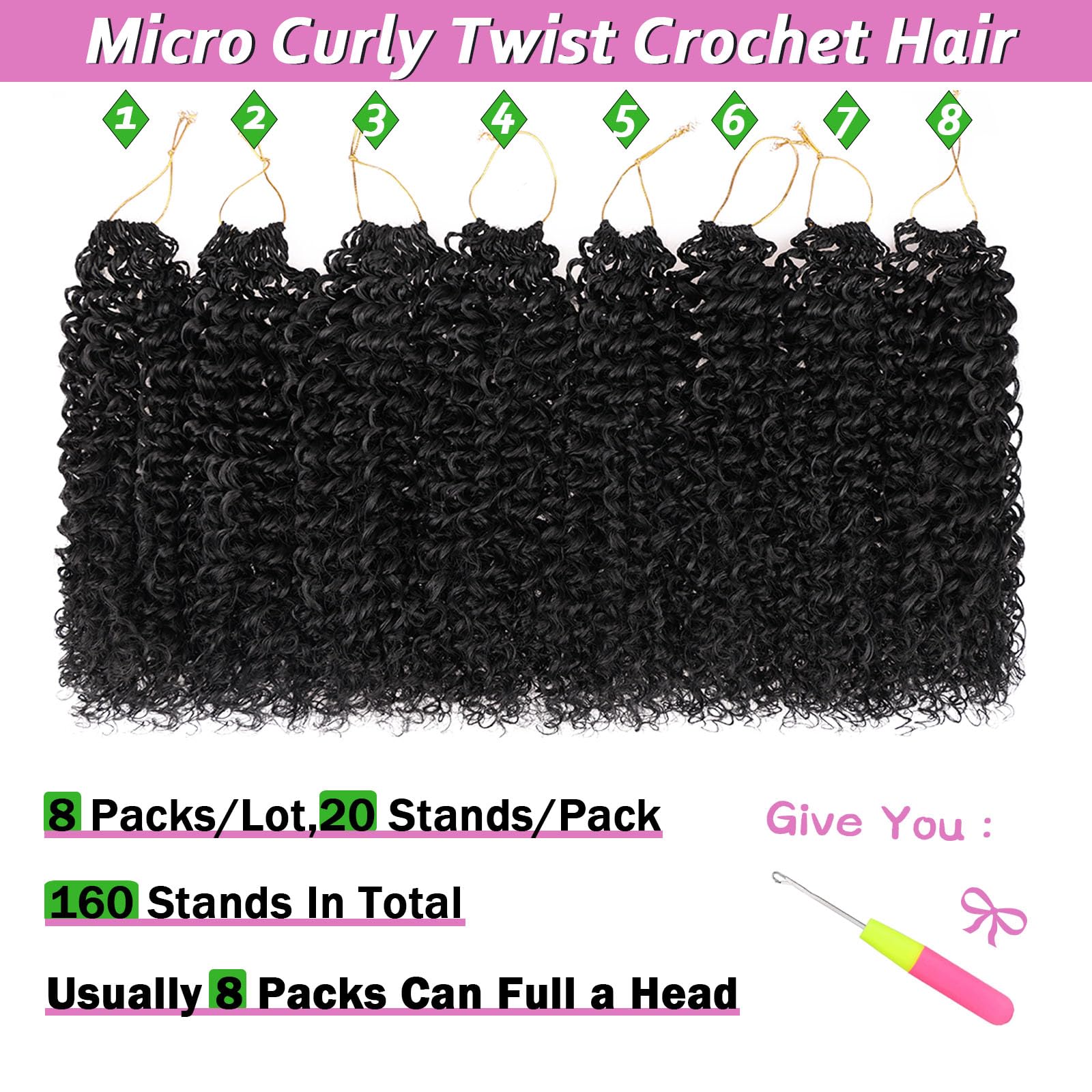 14 Inch Pre Looped Micro Curly Twist Crochet Hair 8 Packs Black Mini Passion Twist Micro Twist Kinky Curly Hair Extensions Yanky Twists Crochet Hair Synthetic for Black Women (#1B)