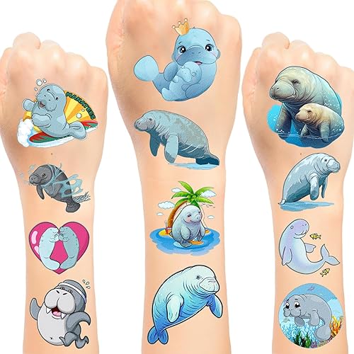 16 hojas de calcomanías de tatuajes temporales de manatí, regalos de fiesta de manatíes, suministros de decoración de cumpleaños, recompensas para