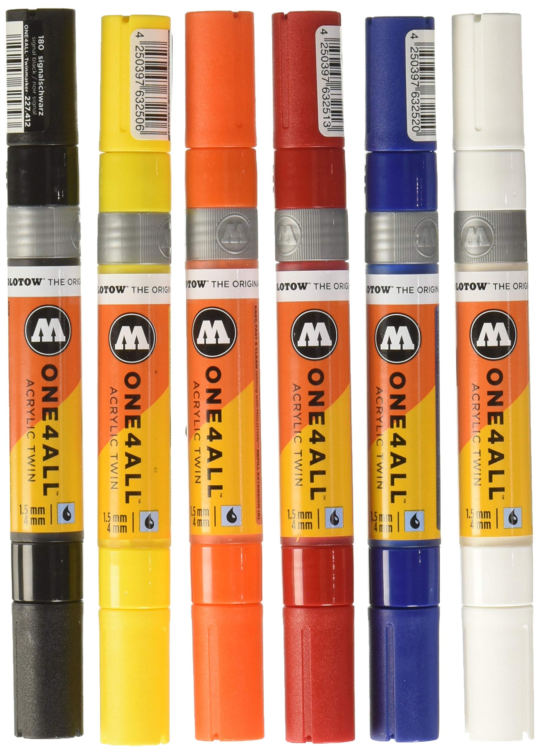Molotow One4All Acrylic Twin Marker Basic-Set 1 (Strichstärke 1,5 mm und 4,0 mm, hochdeckend und permanent, UV-beständig, für fast alle Untergründe) 6 Stück sortiert