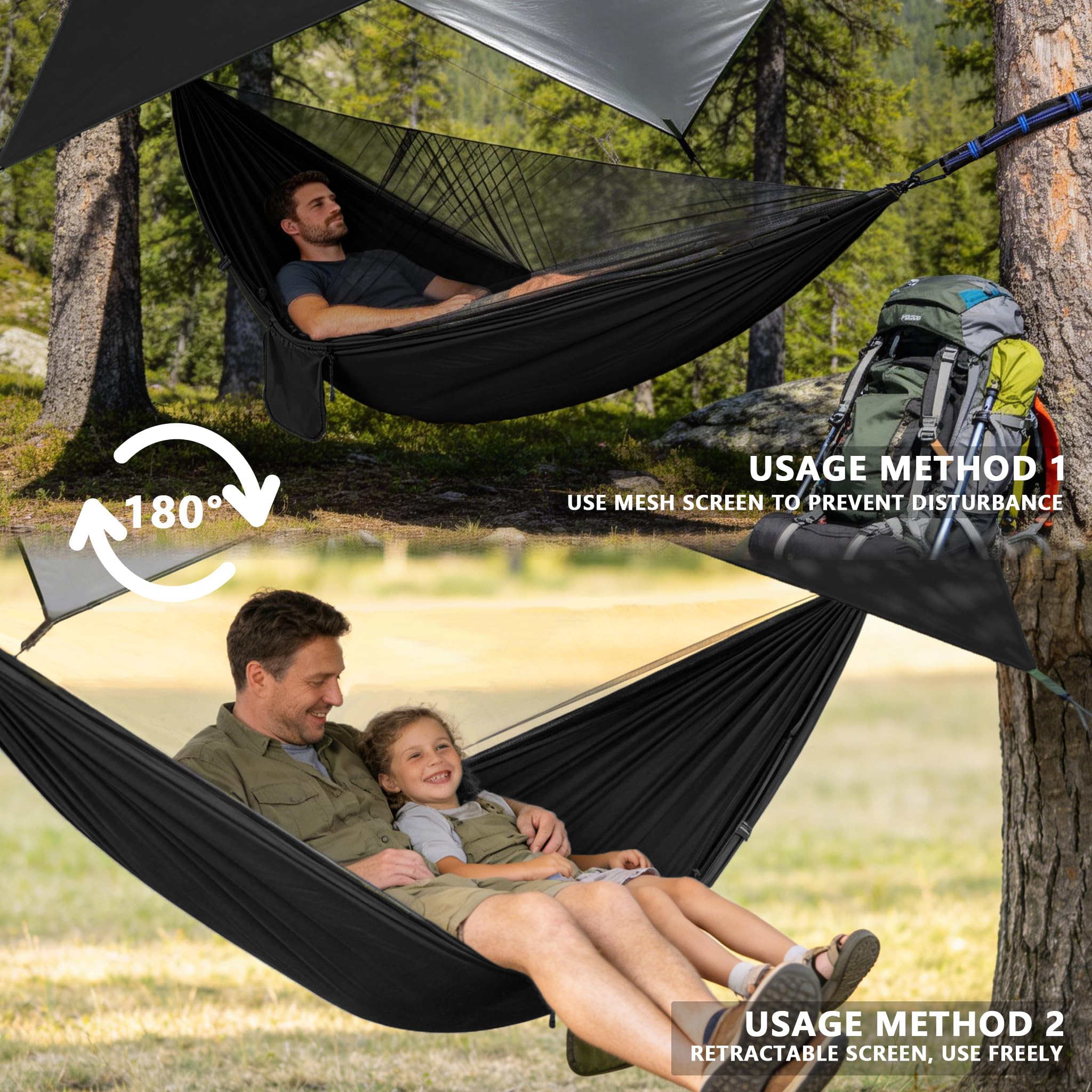 Hamak outdoorowy z moskitierą i muchą przeciwdeszczową, szybkoschnący, nylonowy, kempingowy, do trekkingu, podróży, na plażę, do ogrodu