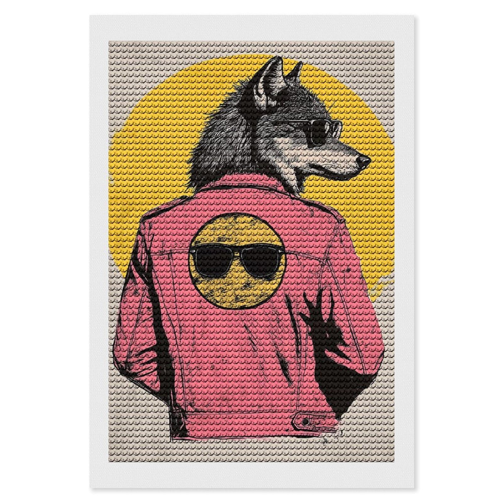Junmoney Wolf in Sunglasses Diamond Painting Canvas Set 8"x12", Full Kit Included, Calming Craft to Unwind, Farmhouse Decor, Christmas Gift