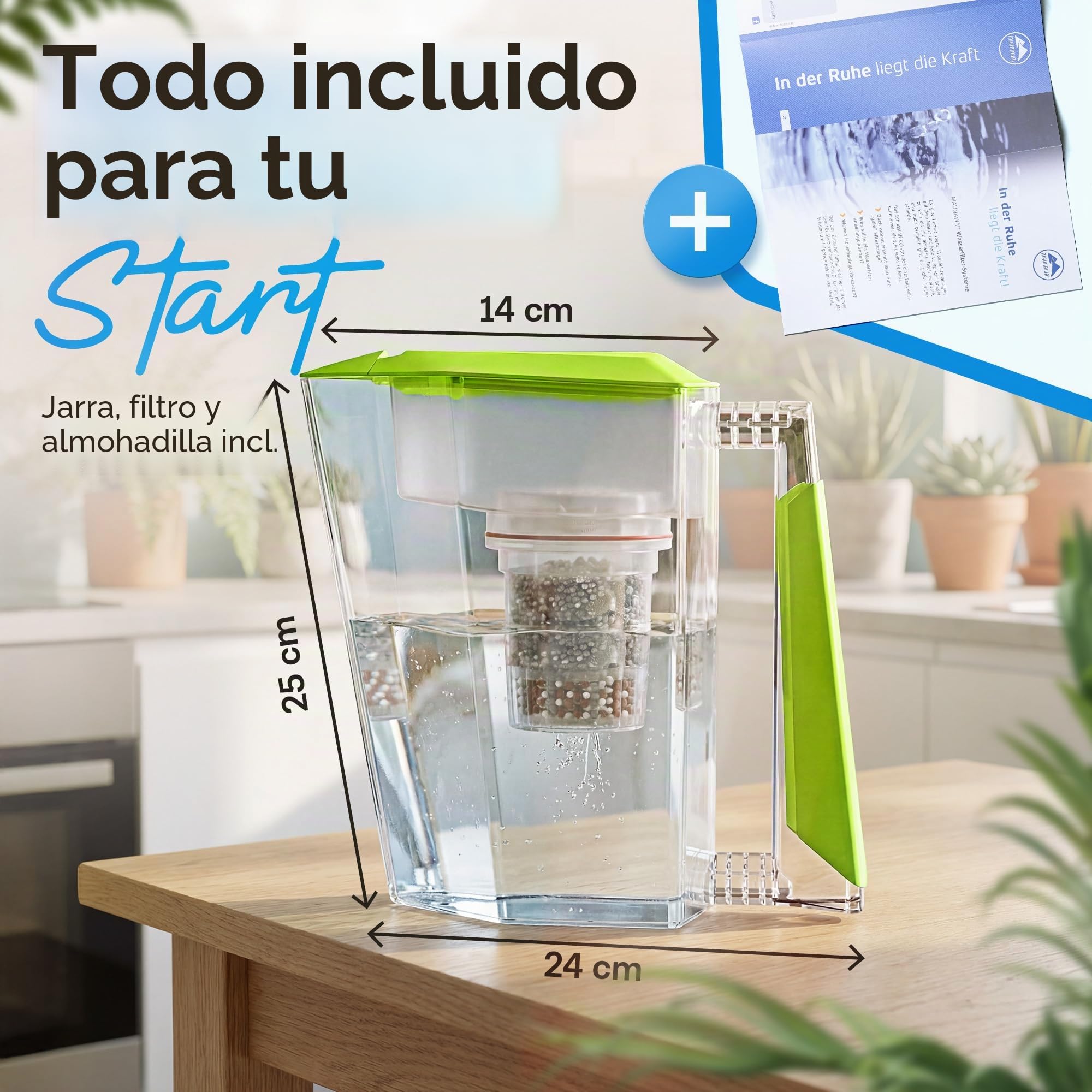 MAUNAWAI Filtro de agua Premium Bio Fabricado en Alemania con 1 jarra para agua potable + 1 cartucho filtrante y 1 almohadilla filtrante (para 3 meses) – Verde, filtro de agua potable + jarra