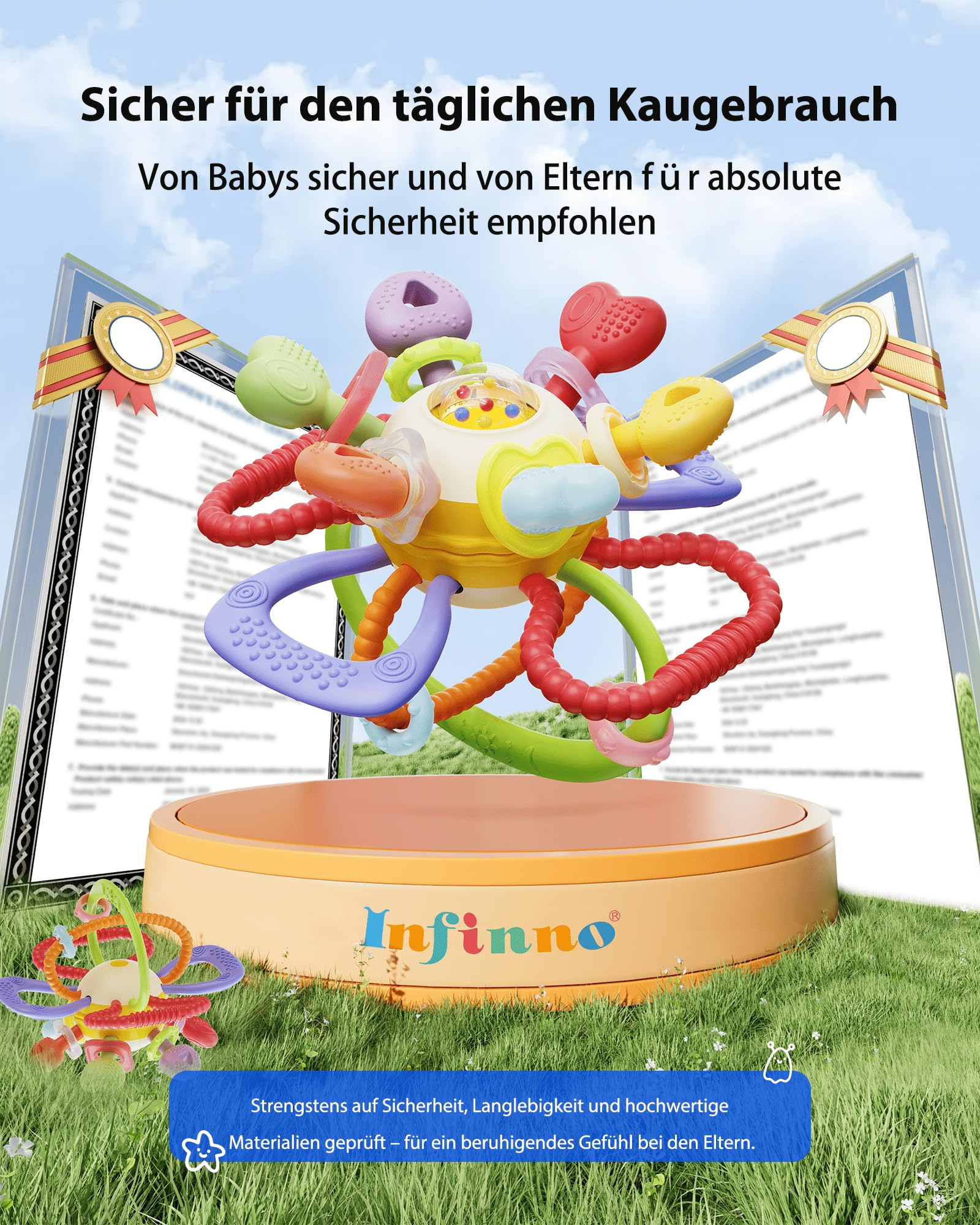 Infinno Baby Greifball & Rassel,BPA-freies Silikon Beißring-Spielzeug für 0-12 Monate, Multifunktionales Montessori Baby Geschenk Mit Leuchtenden Farben