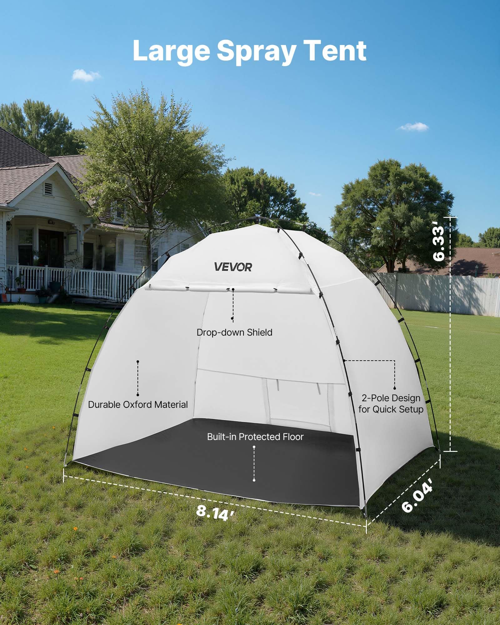 VEVOR Cabina de Pintura Portátil, Área de Trabajo de 233 x 172 x 190 cm, Impermeable, con Suelo Integrado y Puerta Enrollable para Armarios, Sillas y Mesas, para Proyectos Fluidos, Color Blanco