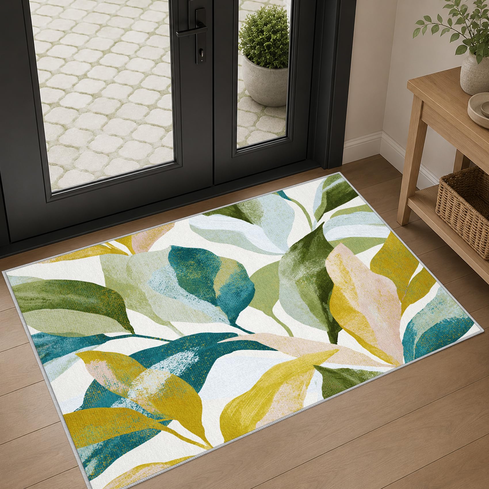 Tapis Salon Feuilles Aquarelle 200x300cm Lavable en Machine Antidérapant