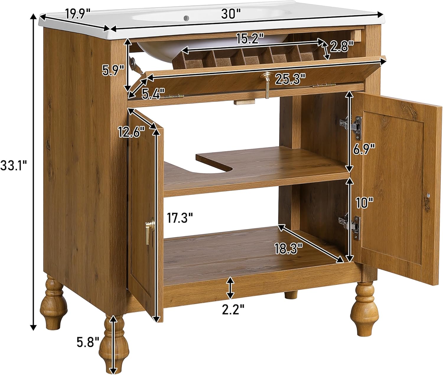 Christopher Knight Home Karik 30" Vintage Bathroom Vanity with Resin Sink, Wooden Bathroom Vanity Organizer with Drawer+Shelf, Soft Closing Door Bathroom Storage Cabinet, Freestanding Design, Brown