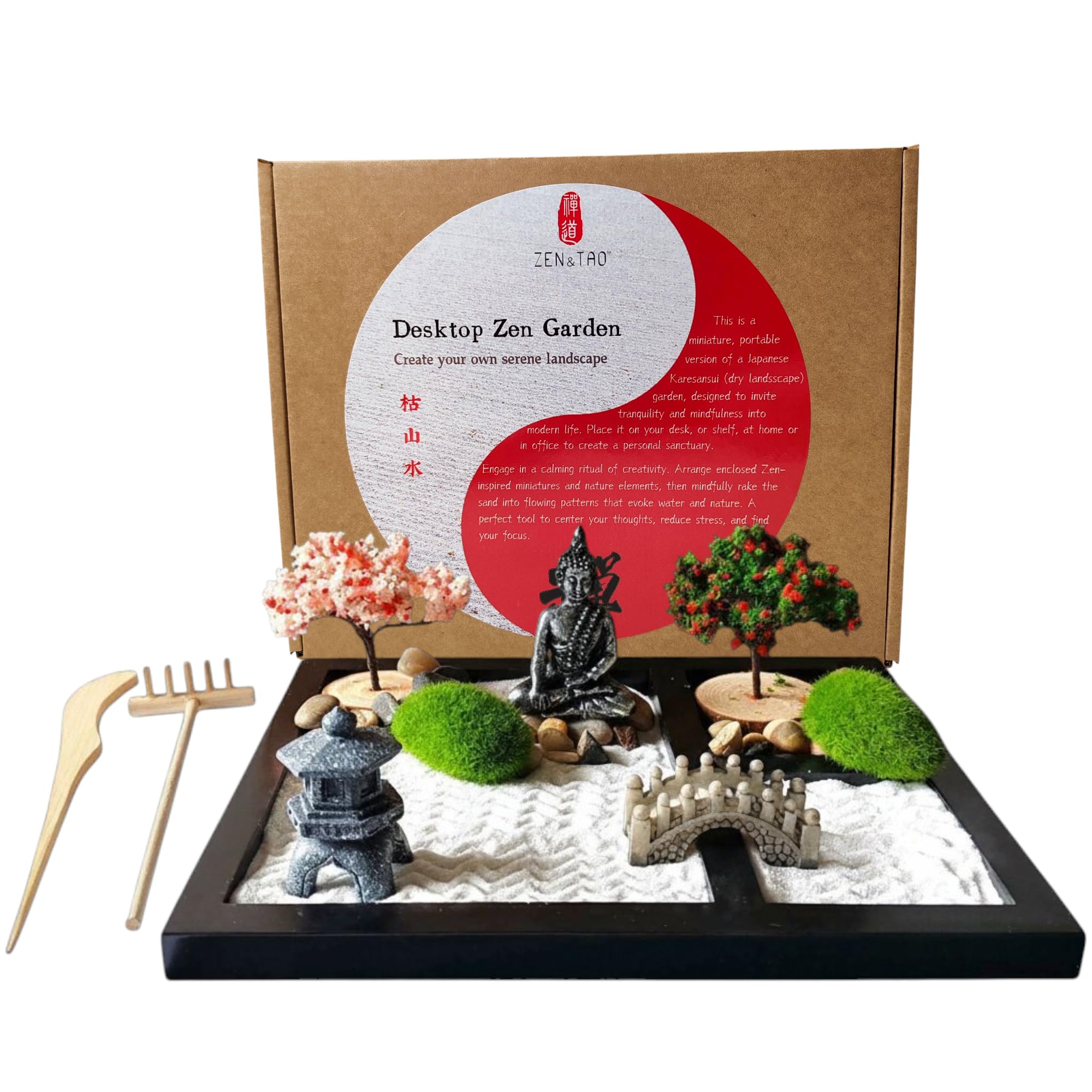 ZEN&TAO Japanese Zen Garden Kit, Black Tray with Two Trees, Two Mosses, Buhhda Statue, Bridge, Stones and Sand Toolset, 2024 New Upgrades, for Meditation, Relaxation and Gifting.