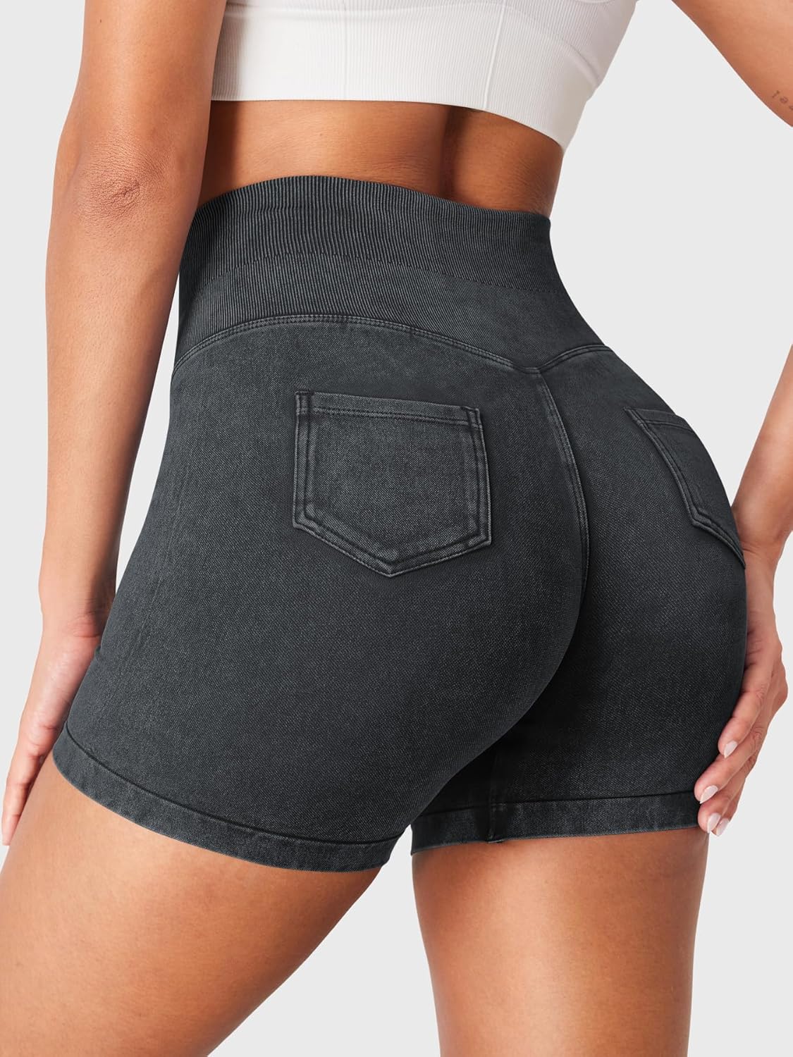 YEOREO Impact Biker Shorts for Women with Pockets Bridgie Cargo High Waist Seamless Faux Denim Workout Gym Shorts - Image 2