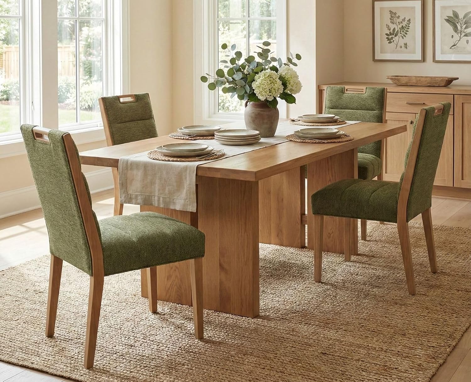 HNY Upholstered Modern Dining Chairs Set of 4, Wooden Kitchen Chairs with 5" Thick Padded Seat & 18" High Back, Armless Chenille Fabric Kitchen & Dining Room Chairs for Dining Living Room, Green
