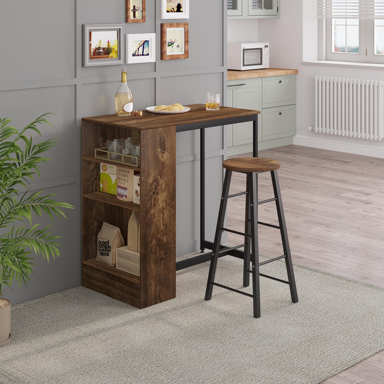 WOLTU Table Bar 90 x 50 x 90 cm, Table Haute Cuisine et 3 Compartiments de Rangement, Mange Debout en Métal & Bois, Rustique+Noir