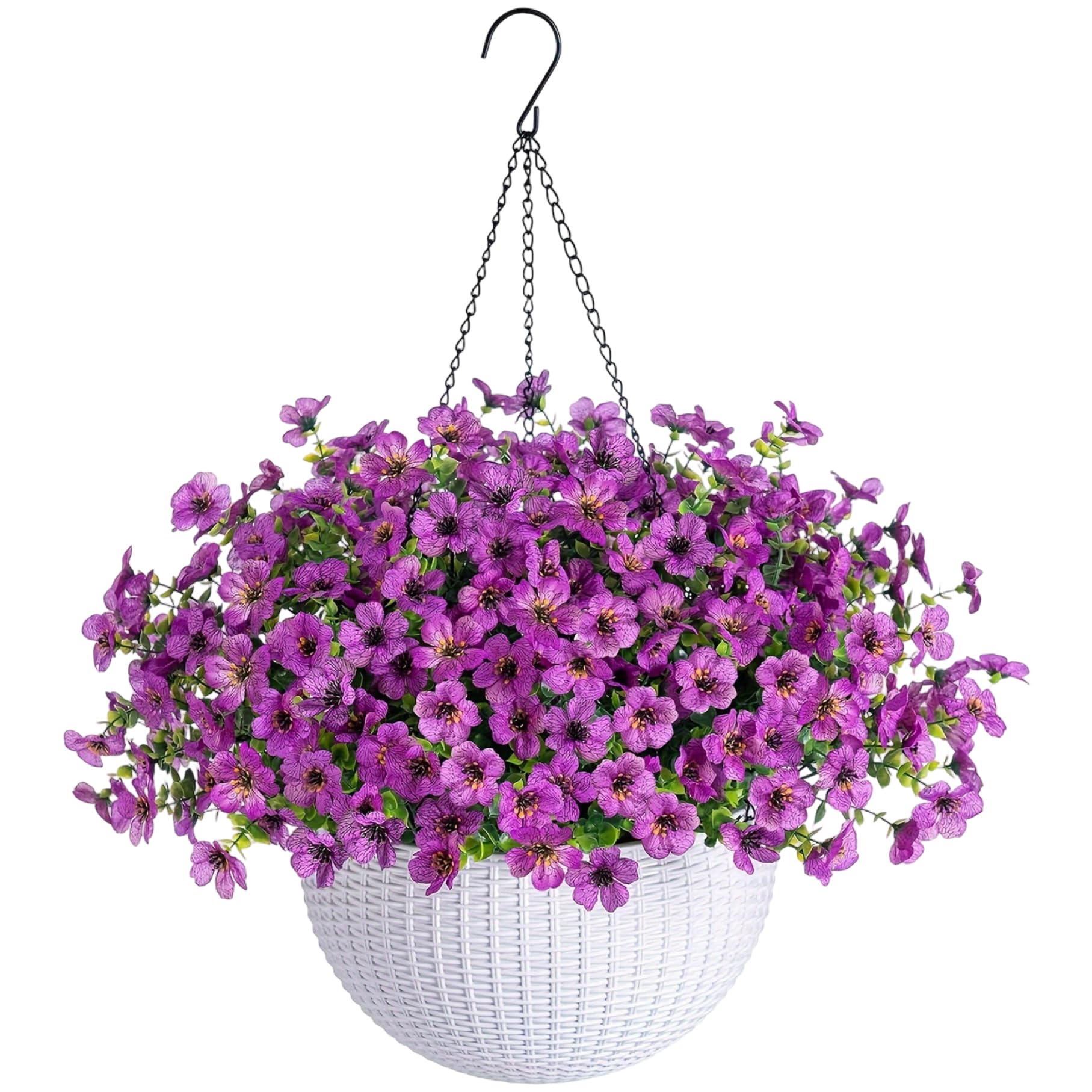 Panier suspendu artificiel de printemps avec fleurs violettes pour deco de jardin