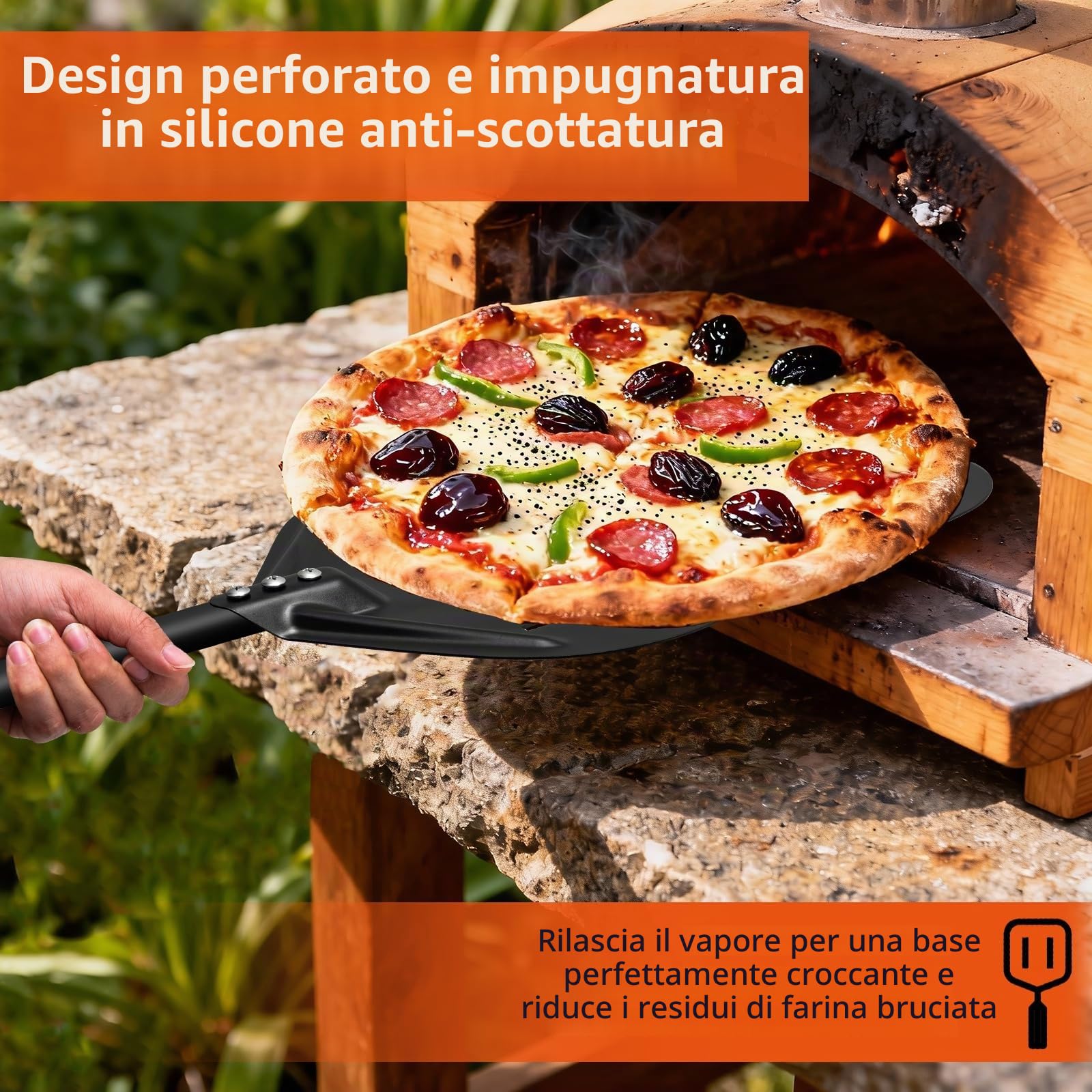 Set di pale per pizza perforate, pala per pizza da 12",paletta per pizza da 6",pala per pizza in alluminio resistente al calore con manico in silicone,set di sollevatori per pizza antiaderenti