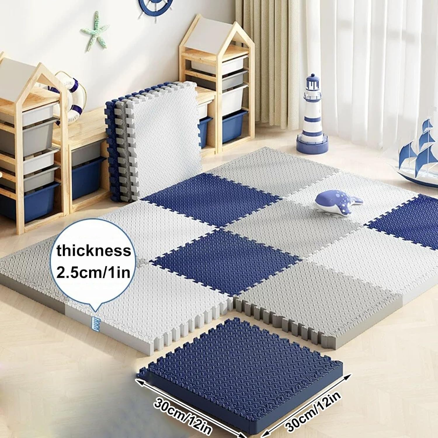 9pcs Non-Slip Foam Interlocking Floor Tiles Play Mat, 12x12x1in Extra Thick EVA Foam Floor Mat Puzzle Exercise Mat(White+Pink+Purple)