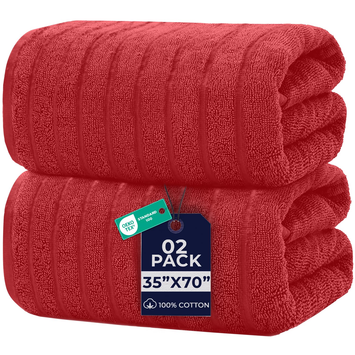 DAN RIVER Pack of 2 Bath Sheet 35x70 Inches, Luxury Ribbed Large Towels Oversized for Bathroom, Absorbent Plush Towels - Red
