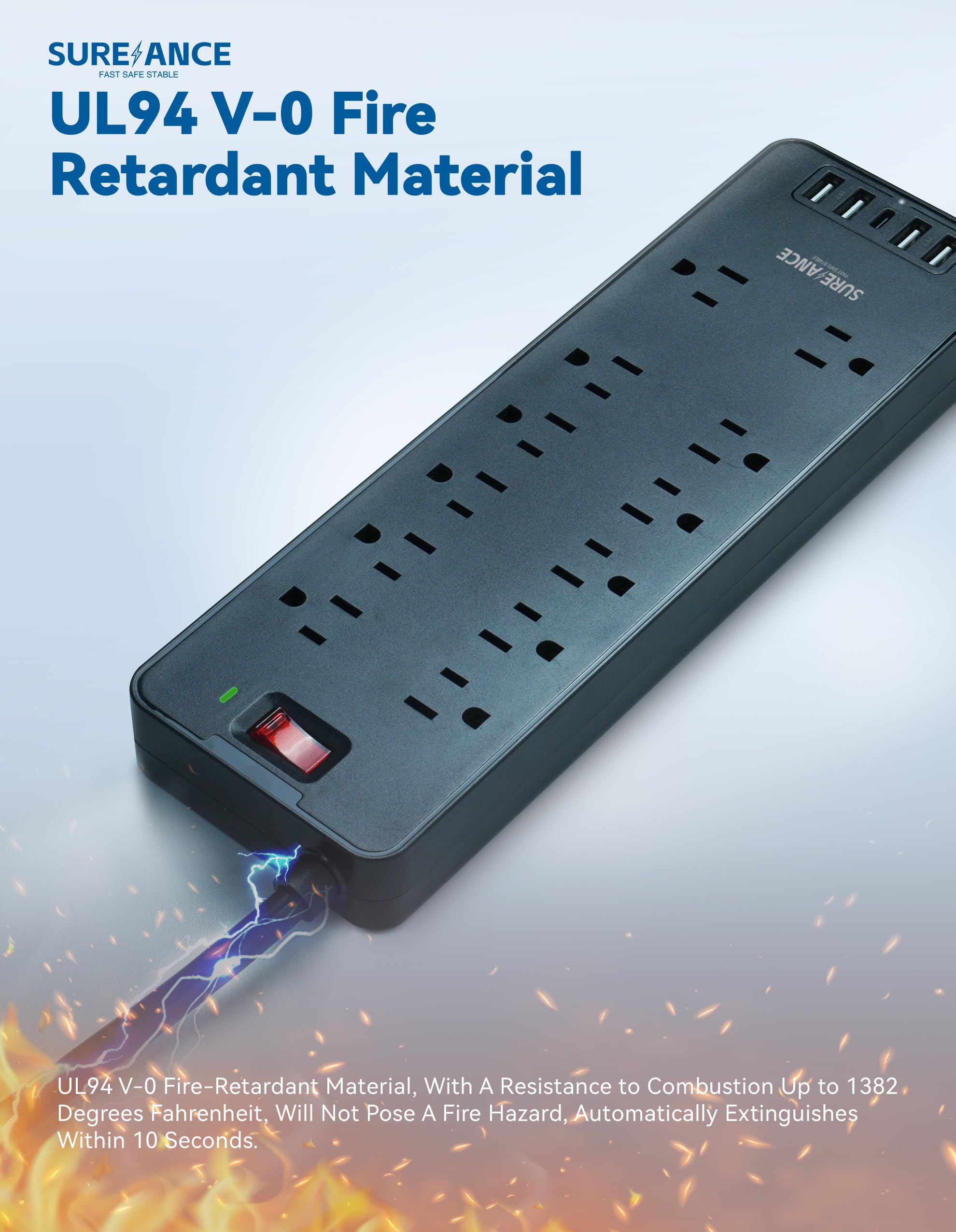 Protector de sobretensiones de regleta de alimentación, 1875W/15A, 2100J, cable de extensión montado en enchufe plano de 6 pies con 10 salidas + 4 puertos USB-A + 1 USB-C, múltiples