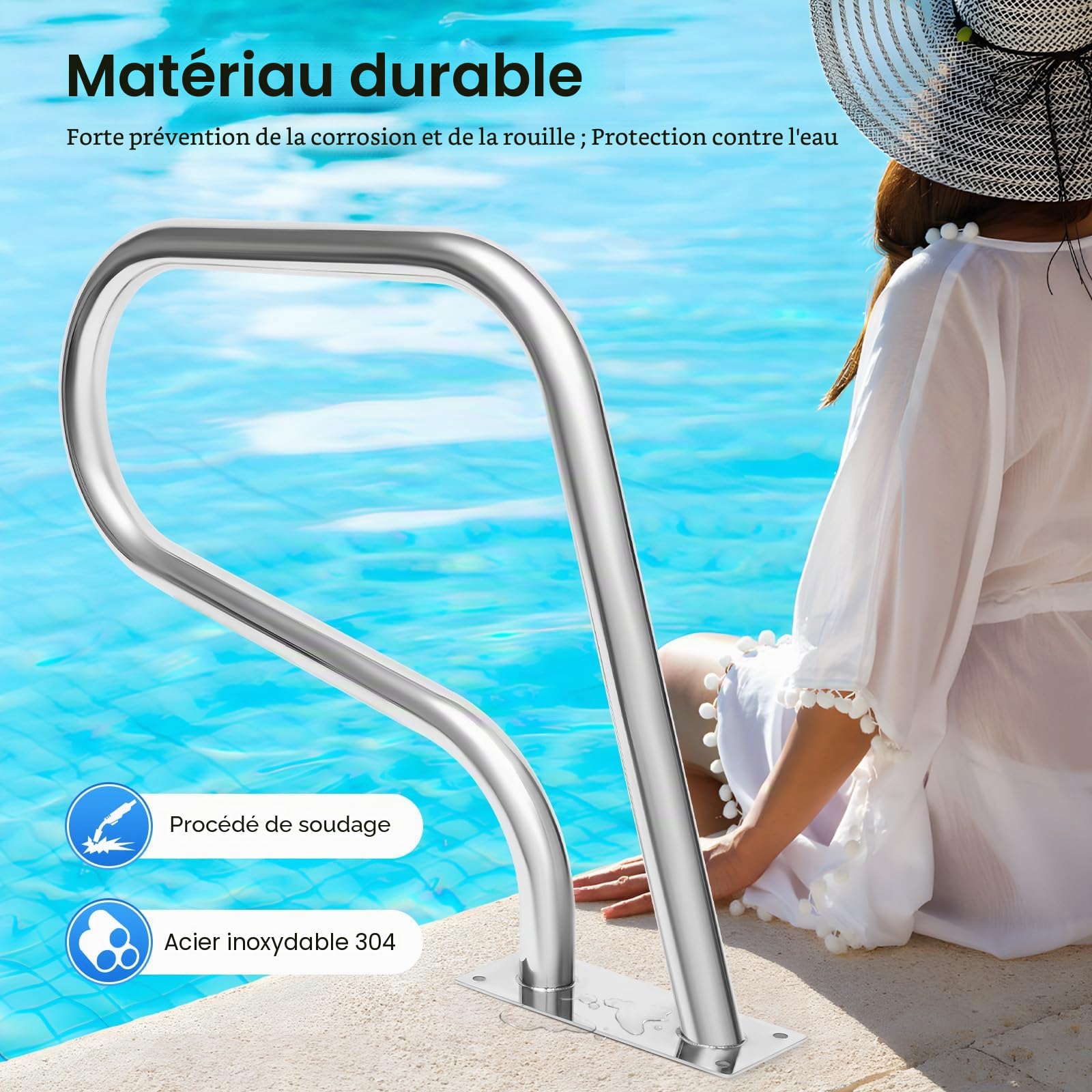 Barre d'appui de piscine en acier inoxydable - Main courante de piscine - Rampe de piscine - Aide à l'entrée de piscine - Pour piscines, spas, parcs aquatiques, etc. - Charge maximale : 130 kg