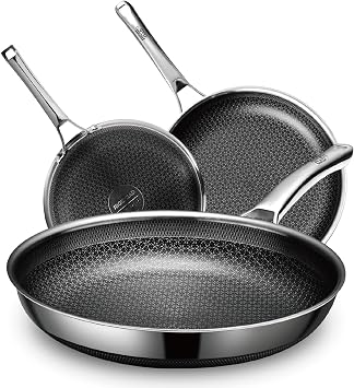 SNOWCLAD 3 Piece Hybrid Nonstick Pans Set, 8+10+12 Inch Nonstick Frying Pans Set, Stainless Steel Skillet, Dishwasher, Induction, Oven & Broiler Safe, PFOA Free Kitchen Cookware Set