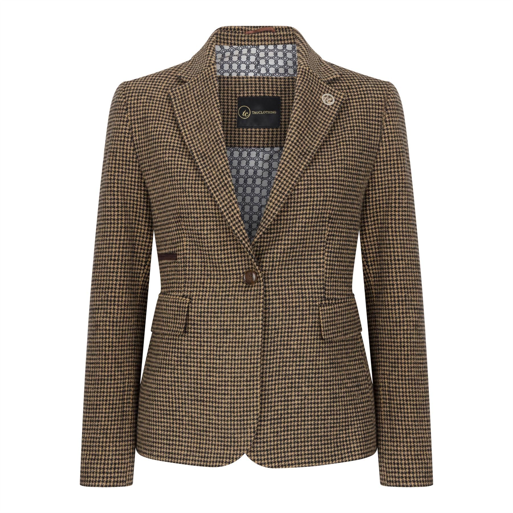 Truclothing Women's Brown Tpw-20 - Wool Blend Dogtooth Tweed Blazer - Uk 18