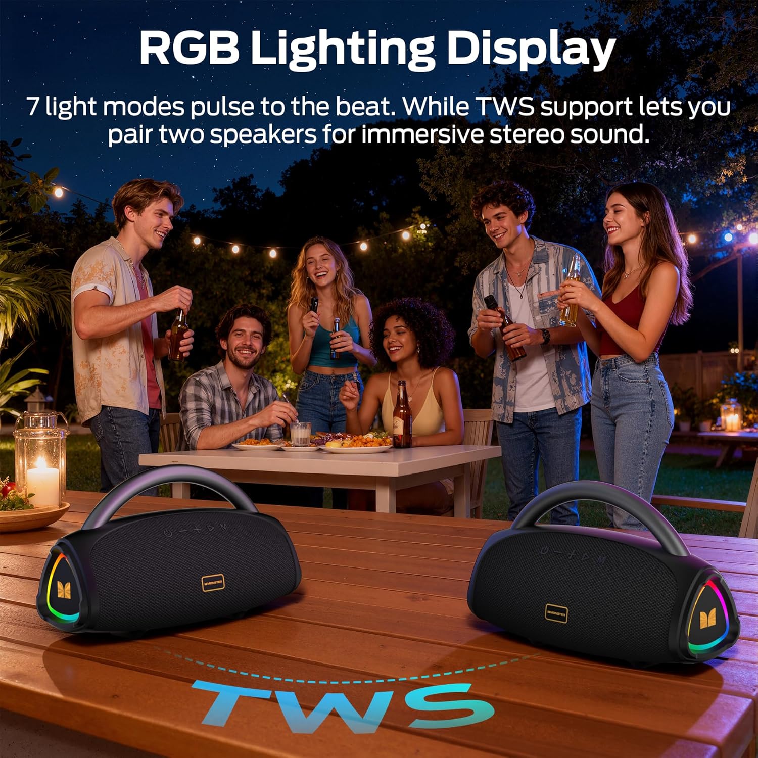 Monster Prism Pro Bluetooth Speaker, Portable Wireless Speaker, 60W True Wireless Stereo, 24H Playtime,TWS Pairing, Bluetooth 6.0, RGB Lights, AUX,USB & TF-Card Input, for Outdoors/Beach/Travel - Image 5