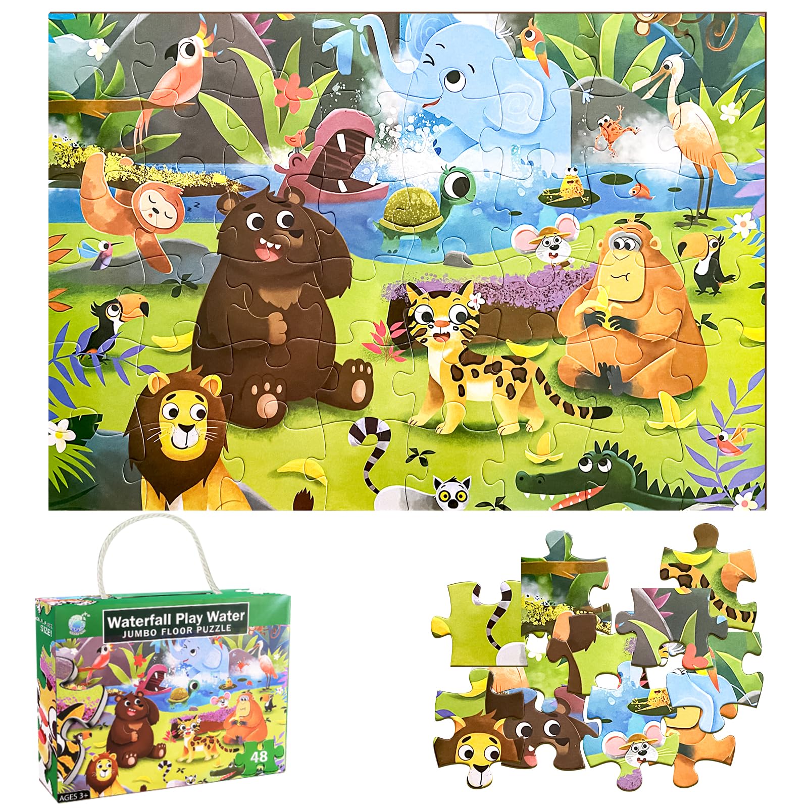 Jumbo Floor Puzzle for Kids, Dinosaur Puzzle for Kids Ages 4-8, 48pcs Jigsaw Puzzle for Toddlers 3-5 Year Old, Preschool Learning & Education Toys, Great Gift for Children(Jungle Animals)