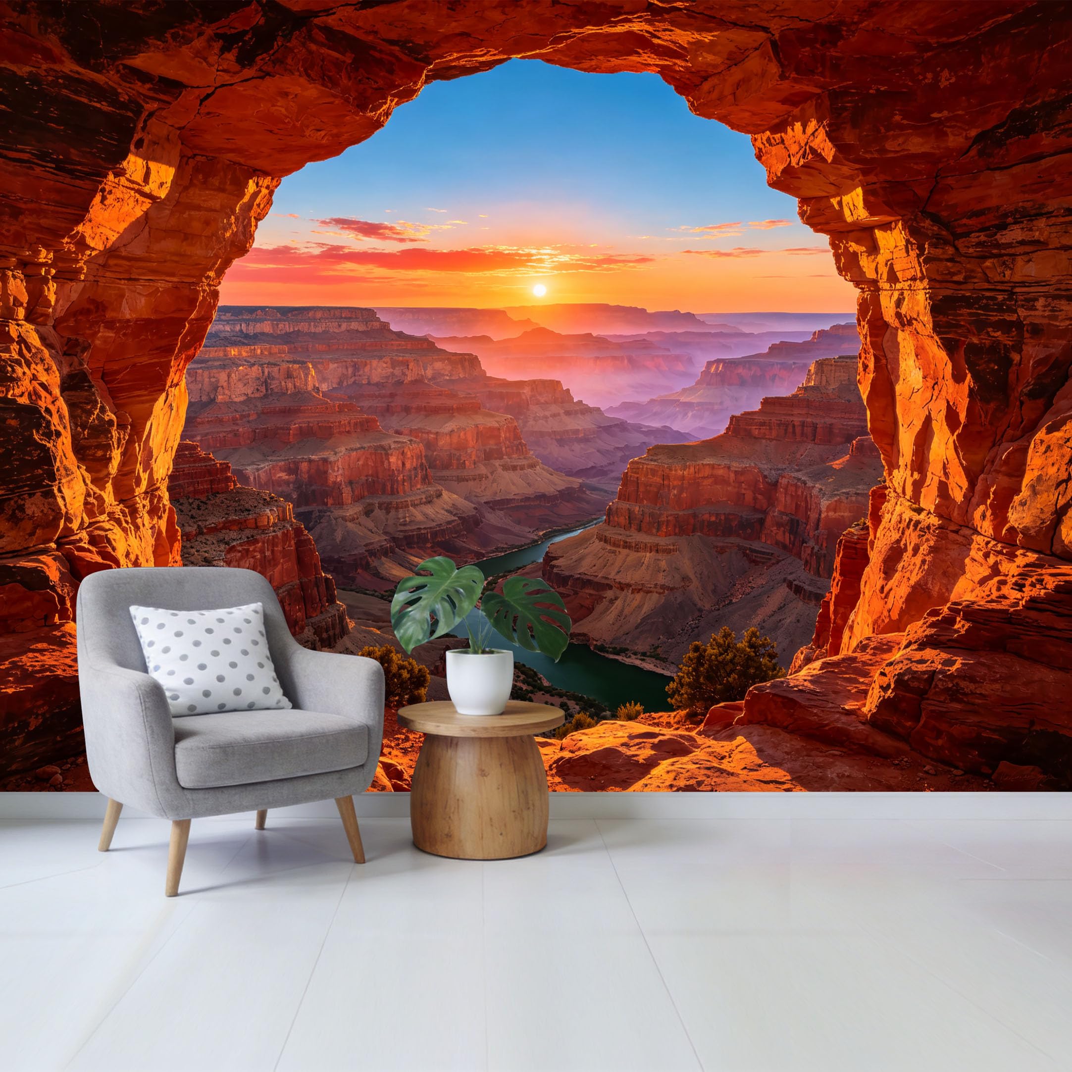 Custom Size Wall Mural Canyon Sunset Landscape River View Through Rocky Cave Removable Self Adhesive Fabric Home Wall Decor for Living Room Bedroom Bathroom