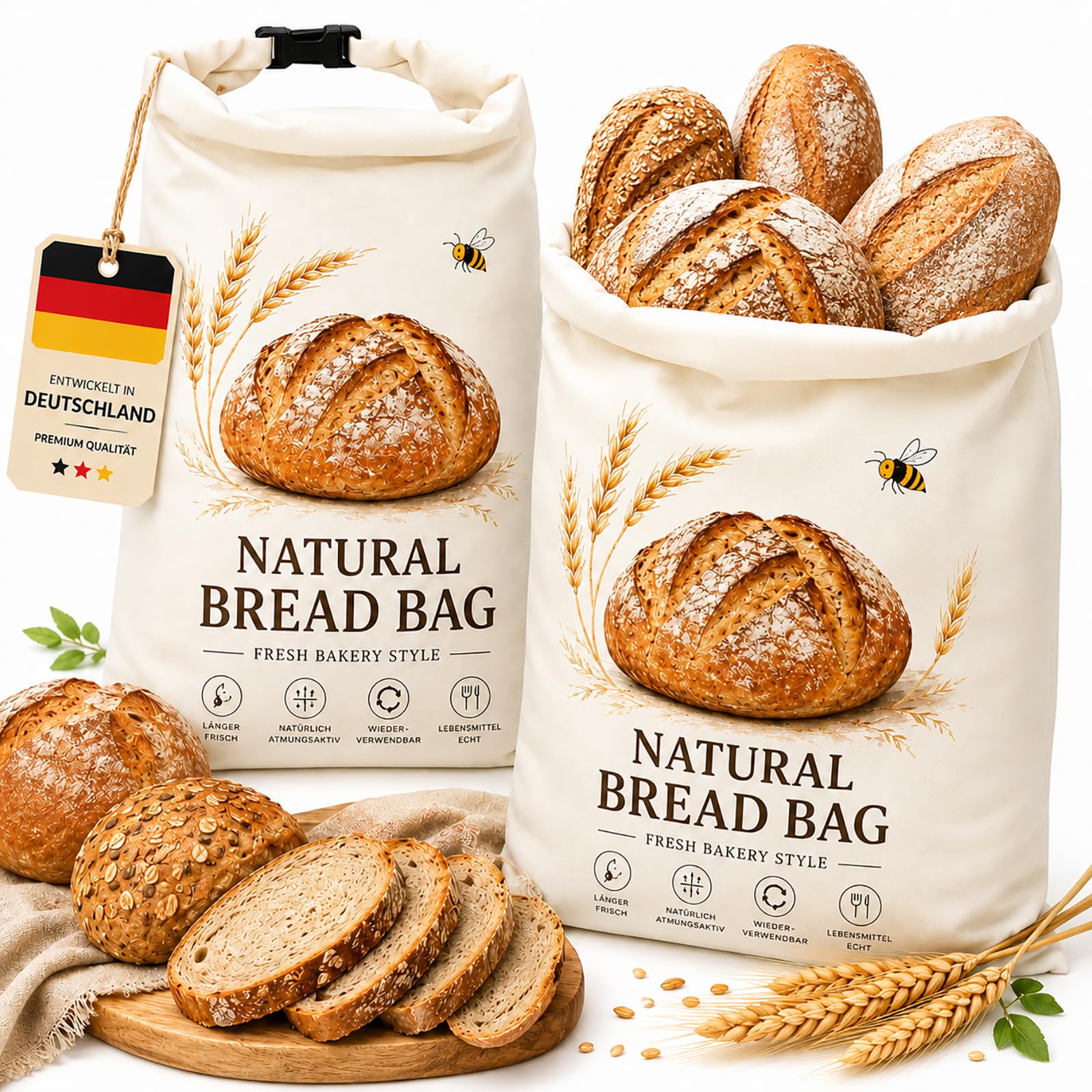 2 sacchetti per il pane in cera d'api, 42 x 33 cm, riutilizzabili, in cotone e TPU, con chiusura a clip, per pane, toast, baguette, panini, croissant, bagel e prodotti da forno