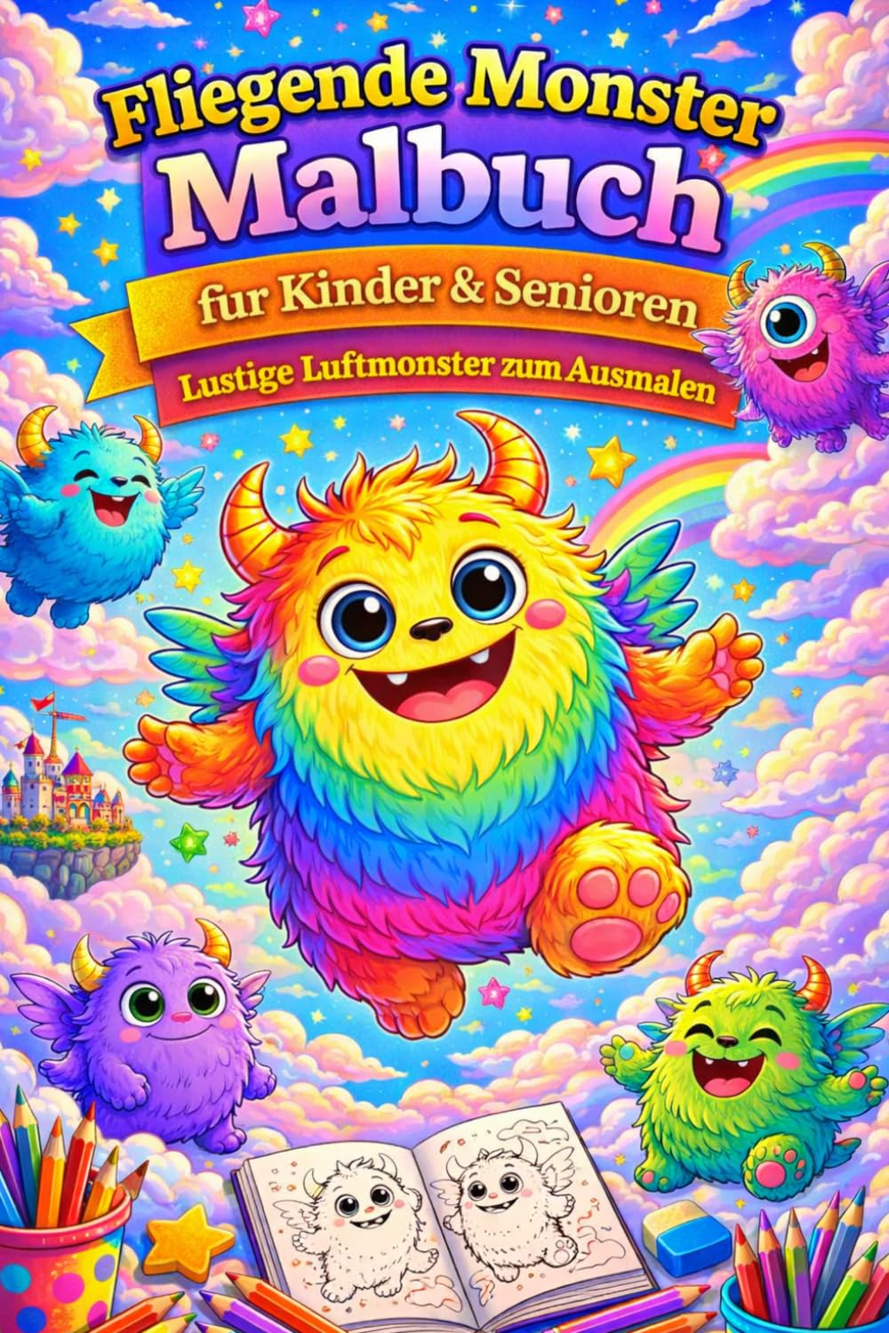 Fliegende Monster Malbuch für Kinder & Senioren – Lustige Luftmonster zum Ausmalen | Entspannendes Fantasie-Ausmalbuch mit süßen Kreaturen: 82 ... | Große Motive, jede zweite Seite leer