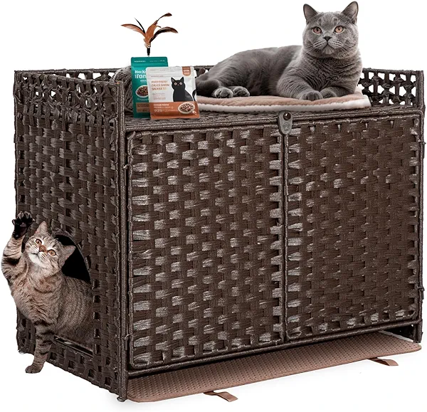 Hidden Cat Litter Box Furniture Enclosure – Handwoven Rattan Pet House with Removable Mat, Large Indoor Cat Litter Box with Elevated Metal Feet (30.3x18.2x24.5in), Modern Design for Living Room,Brown