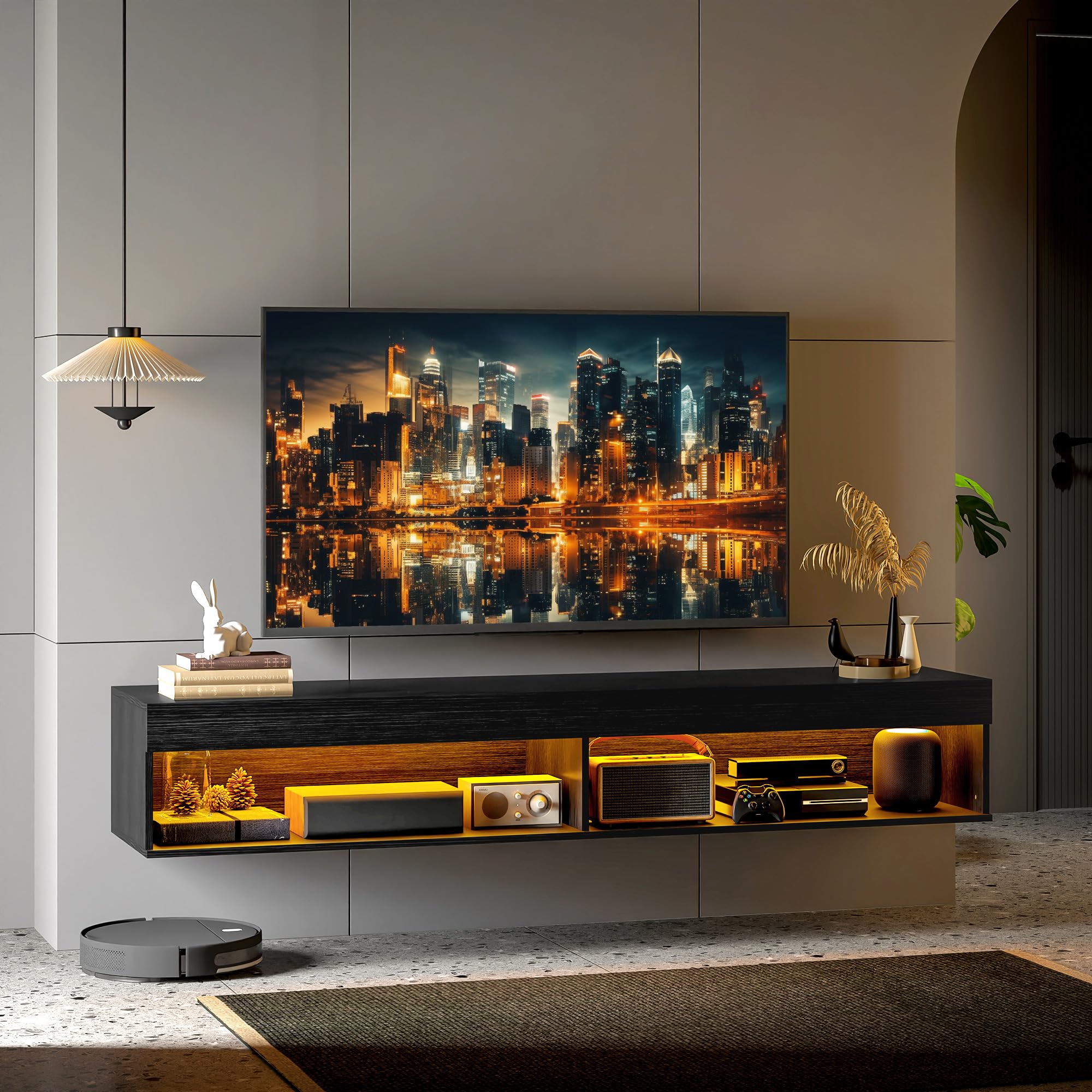 HOMCOM Mobile Porta TV fino 75" Sospeso con Luci LED 16 Colori e Modalità Regolabile con Telecomando, Mobile TV Sospeso in Legno, 180x40x30 cm, Nero