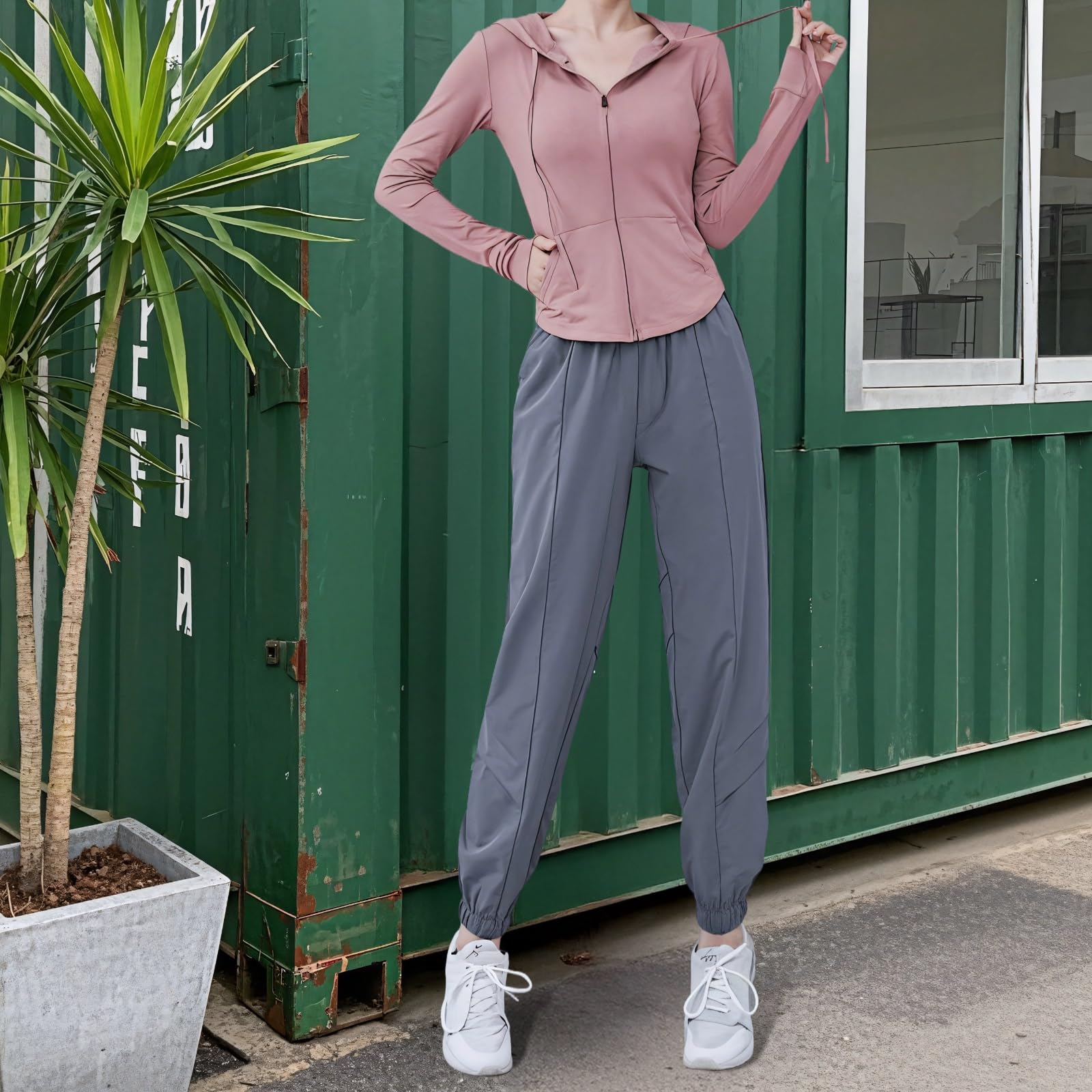 Pilates e Yoga Set per le donne, felpa con cappuccio e pantaloni combinati, tessuto elastico in nylon-spandex per abbigliamento sportivo