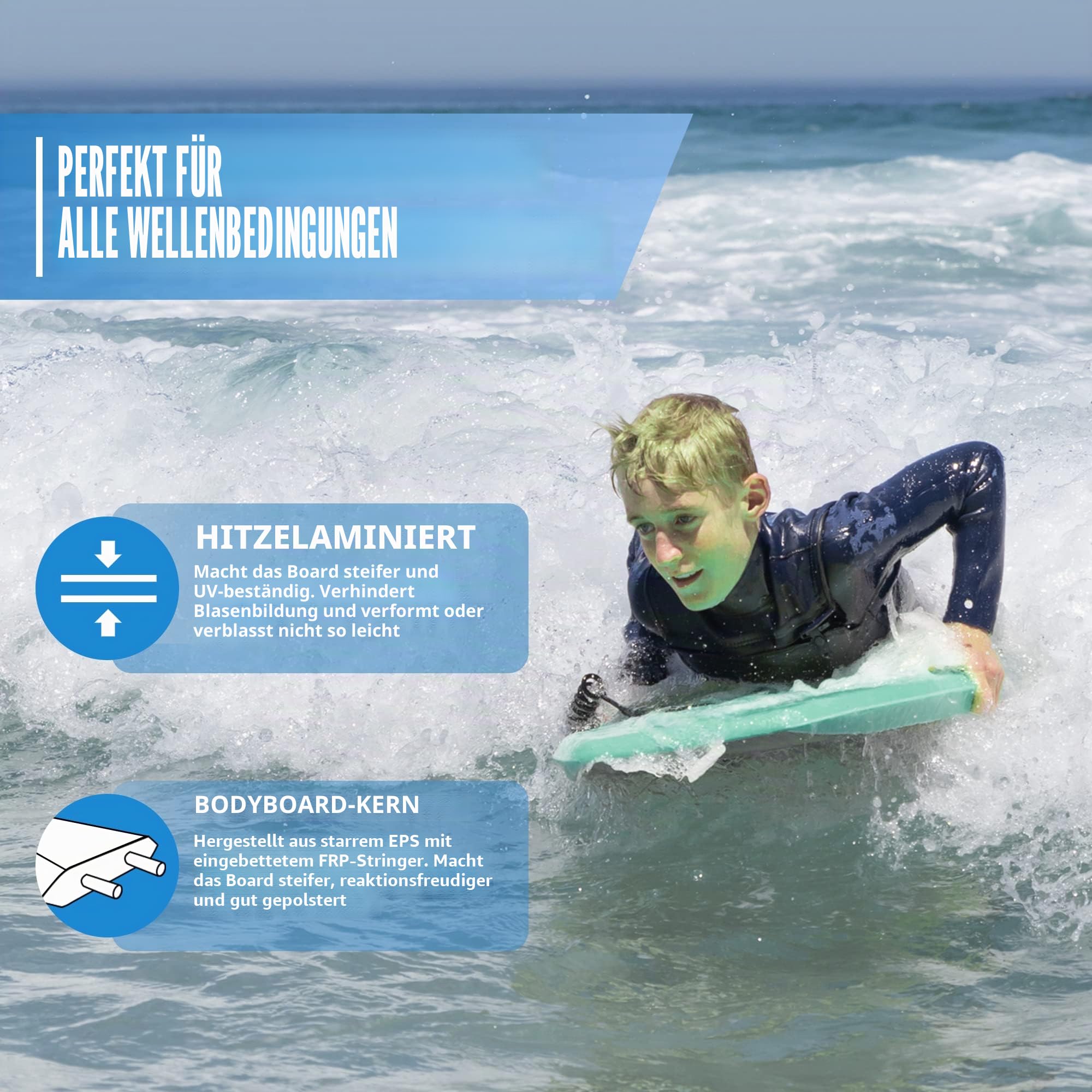 Reed Body Board Bodyboard für Strand, Kinder, Leichter EPS-Core, Doppelk, doppeltes Drehgelenk, gewickelte Handgelenkleine für alle Surfstufen, 84 cm