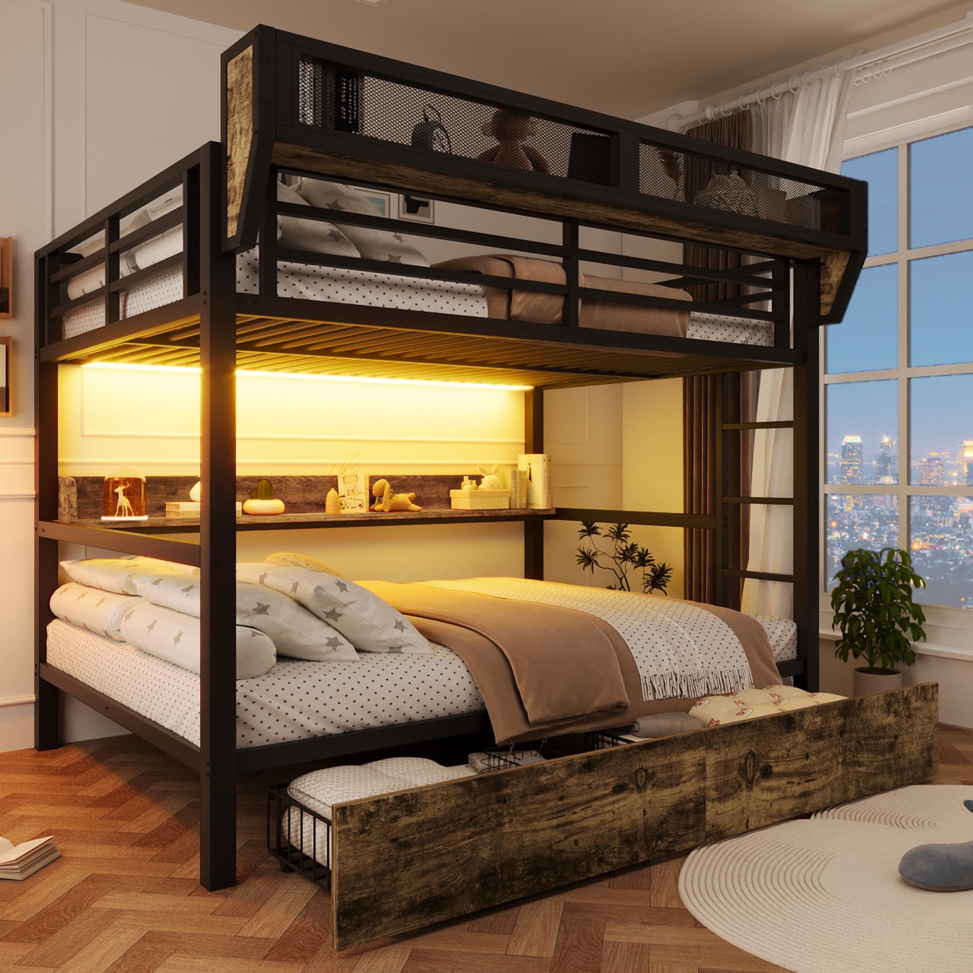 Kebnor Letto a castello in ferro, con ripiano portaoggetti, 2 cassetti in ferro, luce LED, senza materasso (nero-B, 140 x 200 cm)