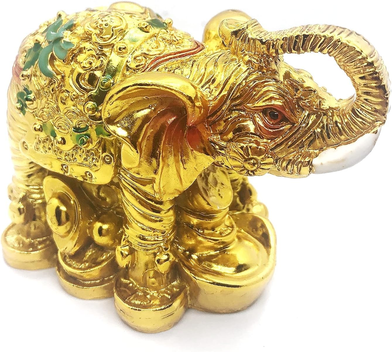 PPJ ®-FENGSHUI VASTU Golden Elephant with Trunk UP ON Ingot and Coins for Wealth Good Luck Fortune ,Wealth, Health and Prosperity Love and Wealth (Pack of 1) 4 inch X 3 inch x 2 inch,