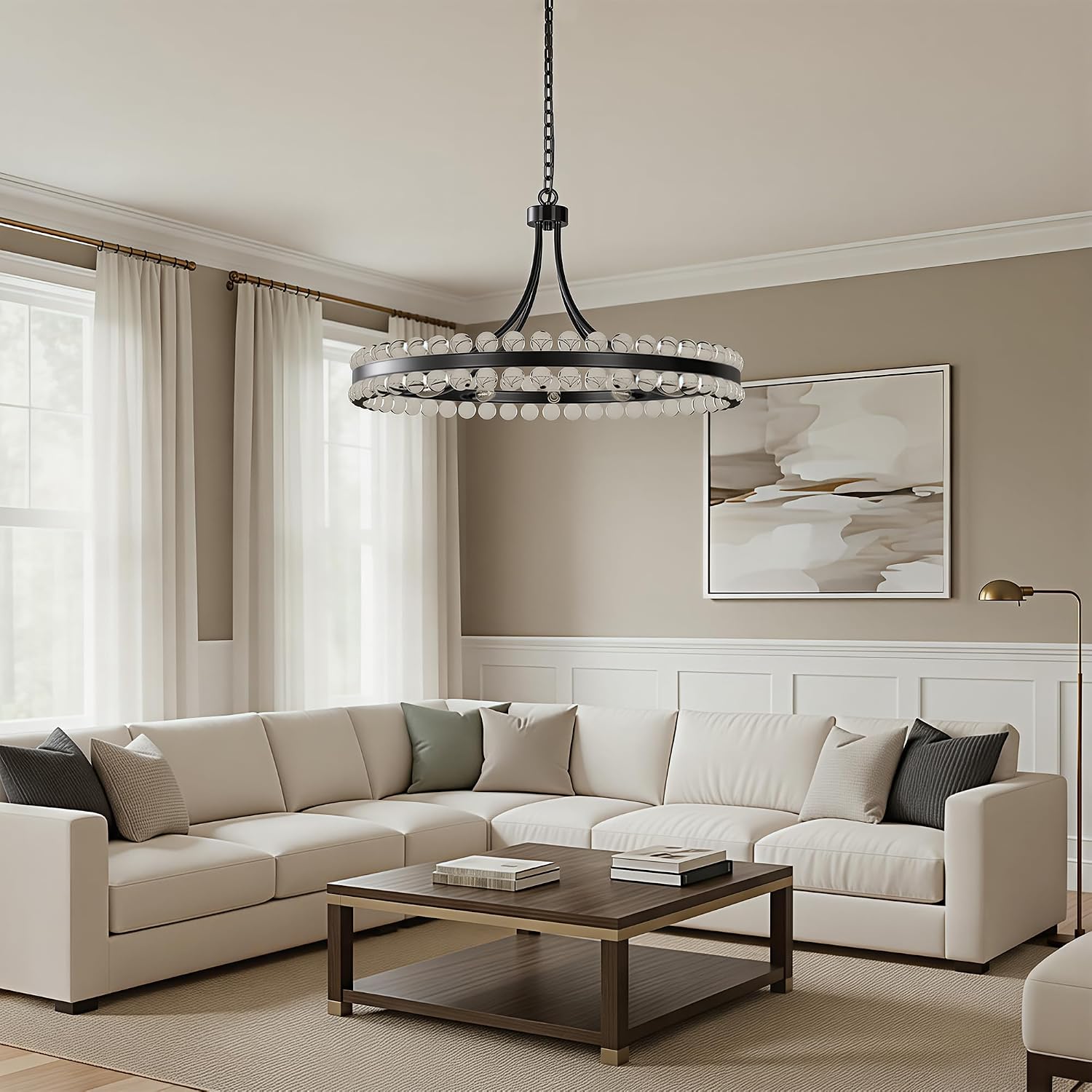 Maxax 31.5" Modern Wagon Wheel Crystal Chandelier, 12-Light Large Black Round Pendant Lighting Fixture, Industrial Luxury Hanging Ceiling Lamp for High Ceiling Living Room, Dining Room, Foyer