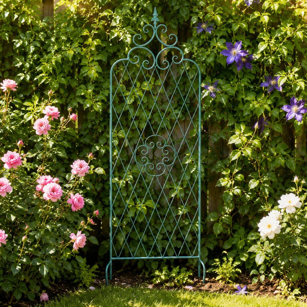 Celosía Decorativa de Hierro para Plantas trepadoras, Enrejado Ajustable 123/160/210cm, para Patio y balcón, Estilo rústico, Verde Envejecido