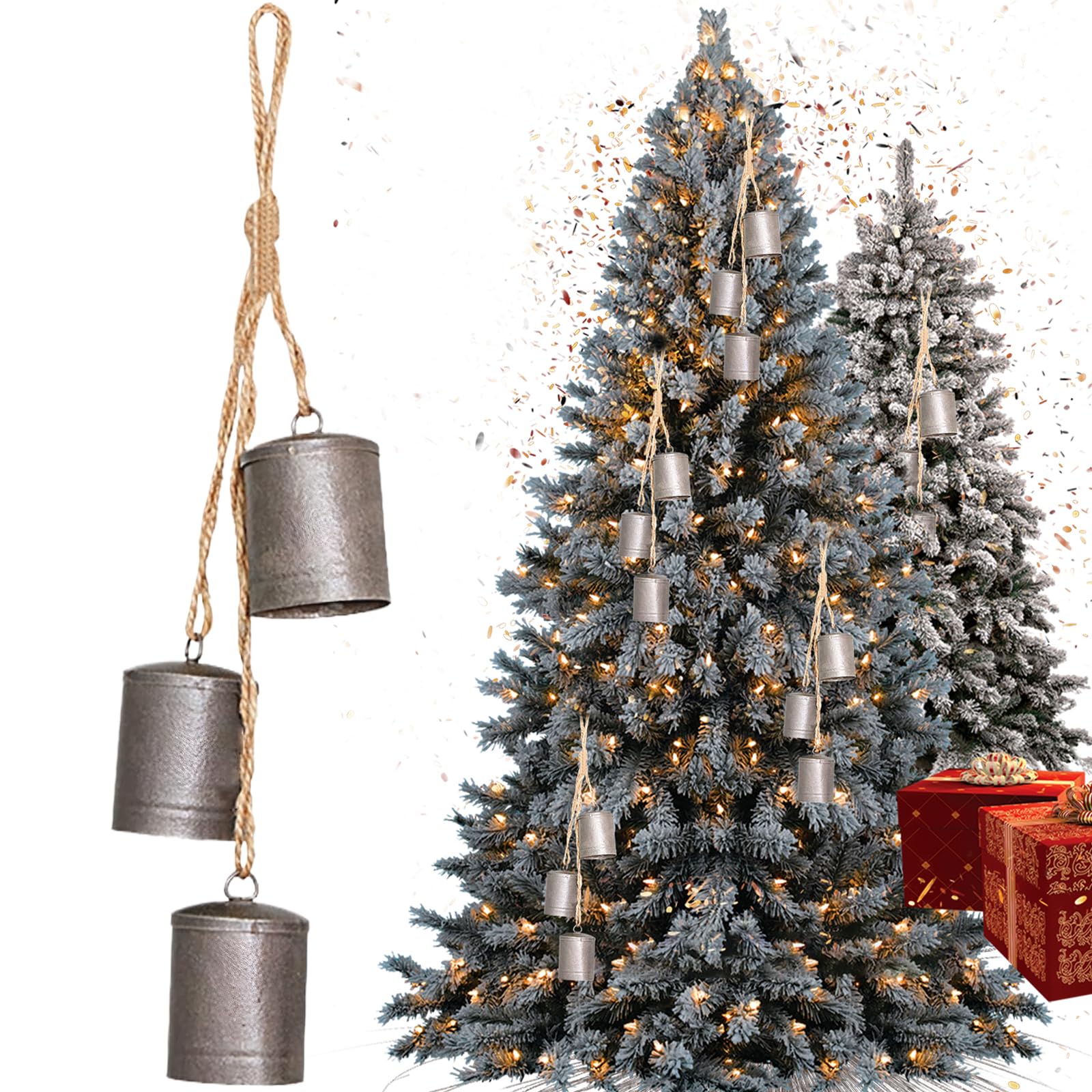 Hoveeluty Silver Christmas Bells 12 Inch Vintage 3 Bells Rustic Cow Bells With Jute Hanging Rope Metal Christmas Tree Hanging Bell For Door Garden Wreaths Home Decor Hanging Bell Christmas Bells For Decoration