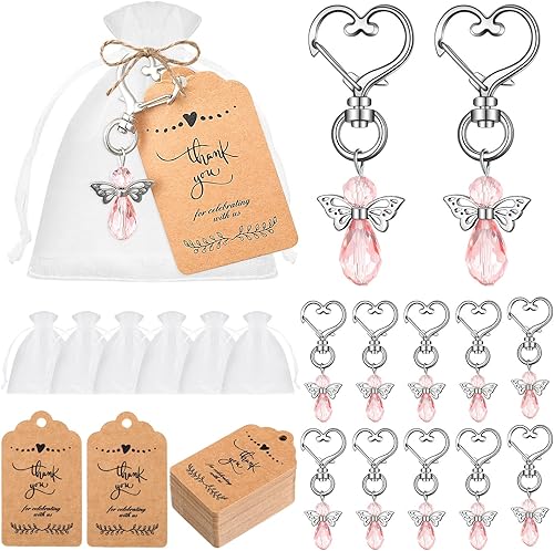 Hicarer Juego de 180 piezas de llaveros de ángel, dije de ala con etiquetas de agradecimiento, bolsas de organza con cordón, regalos de regreso de