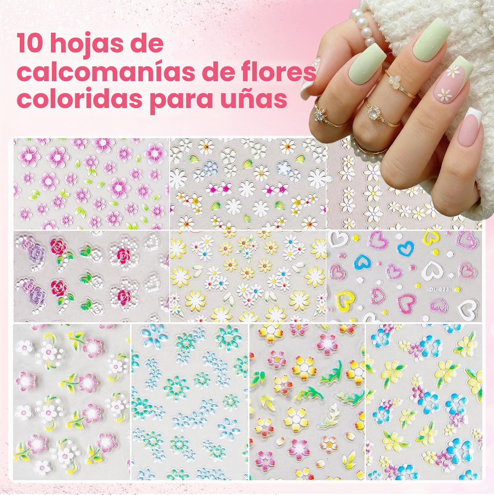 Polvo Acrilico Para Uñas: 4 Colores Acrílico En Polvo Set 2 Dedos Ejercicio Ajustables Con 100 Puntas De Uñas/3 Lápices De Arte De Uñas/Pegatinas Florales/Archivo De Uñas Profesional Kits Completo